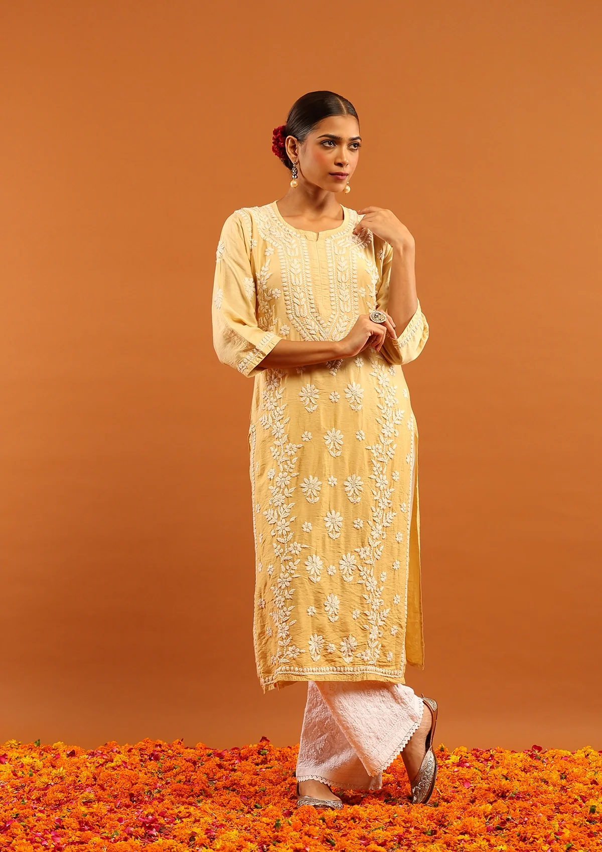 HOC Chanderi Chikankari Solid Women's Long Kurta-Light Yellow