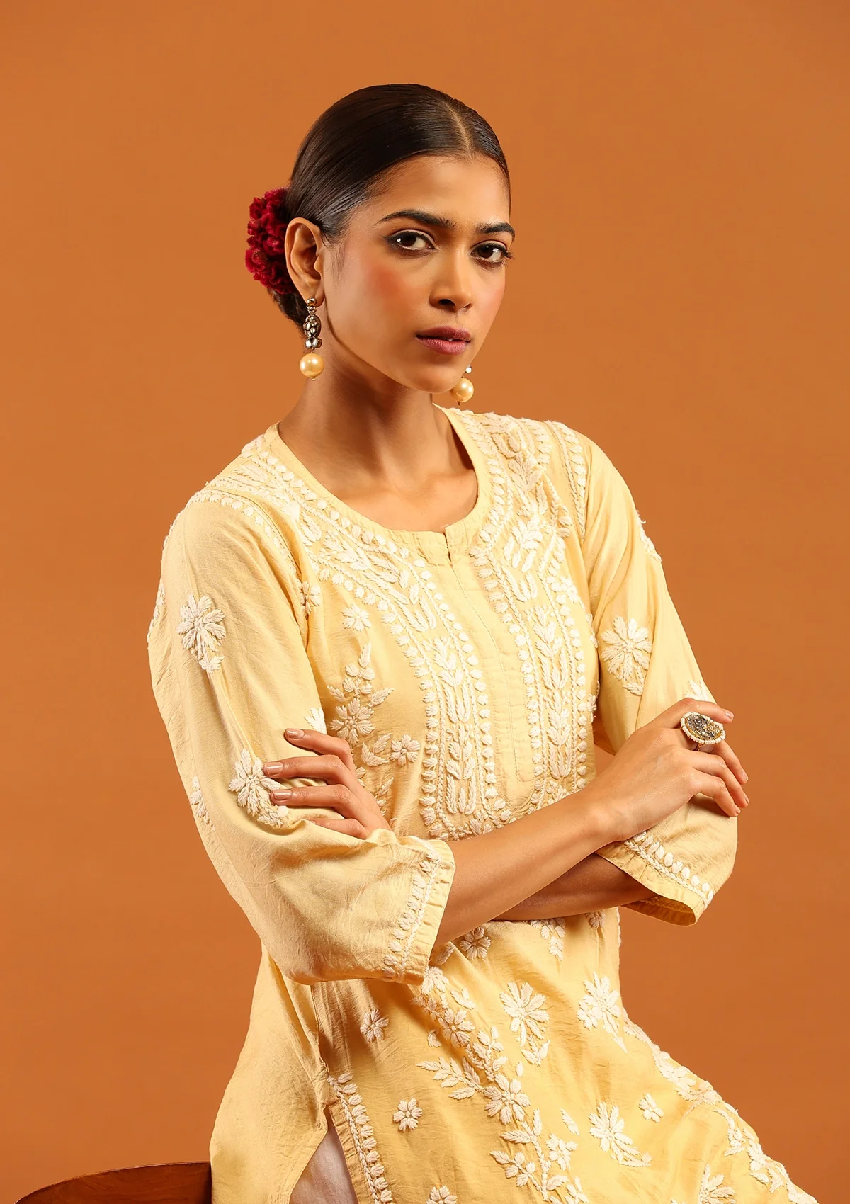 HOC Chanderi Chikankari Solid Women's Long Kurta-Light Yellow - Image 2