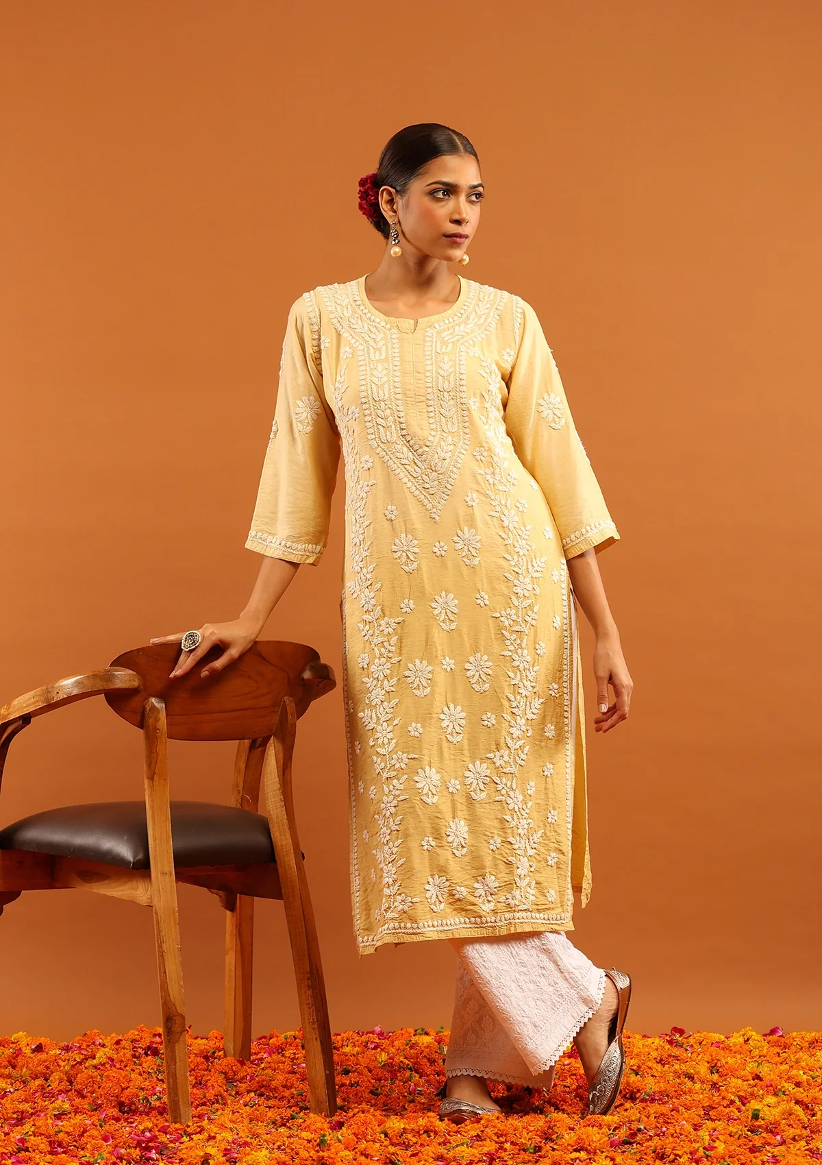 HOC Chanderi Chikankari Solid Women's Long Kurta-Light Yellow - Image 3