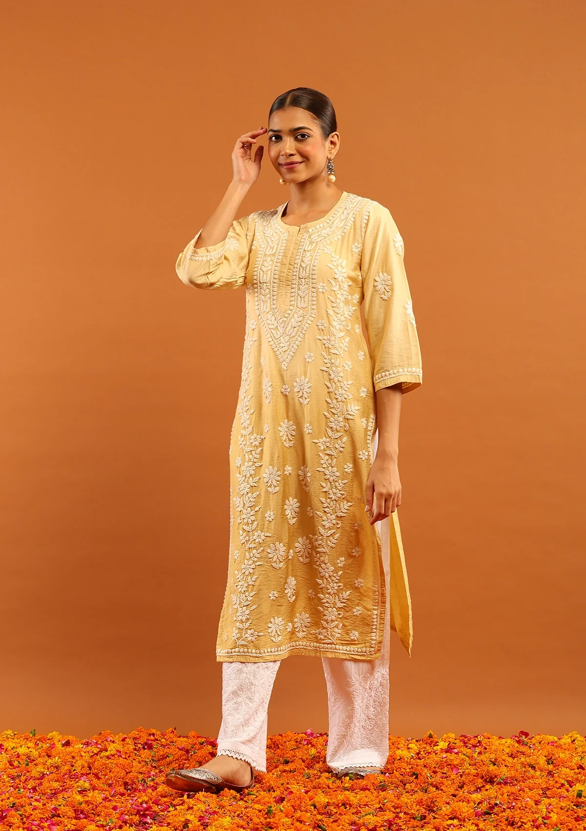 HOC Chanderi Chikankari Solid Women's Long Kurta-Light Yellow - Image 4
