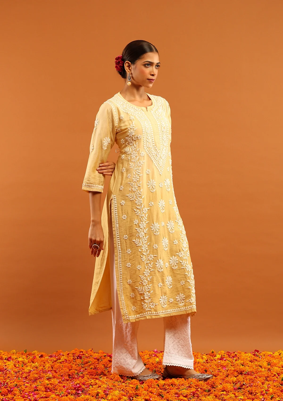 HOC Chanderi Chikankari Solid Women's Long Kurta-Light Yellow - Image 5