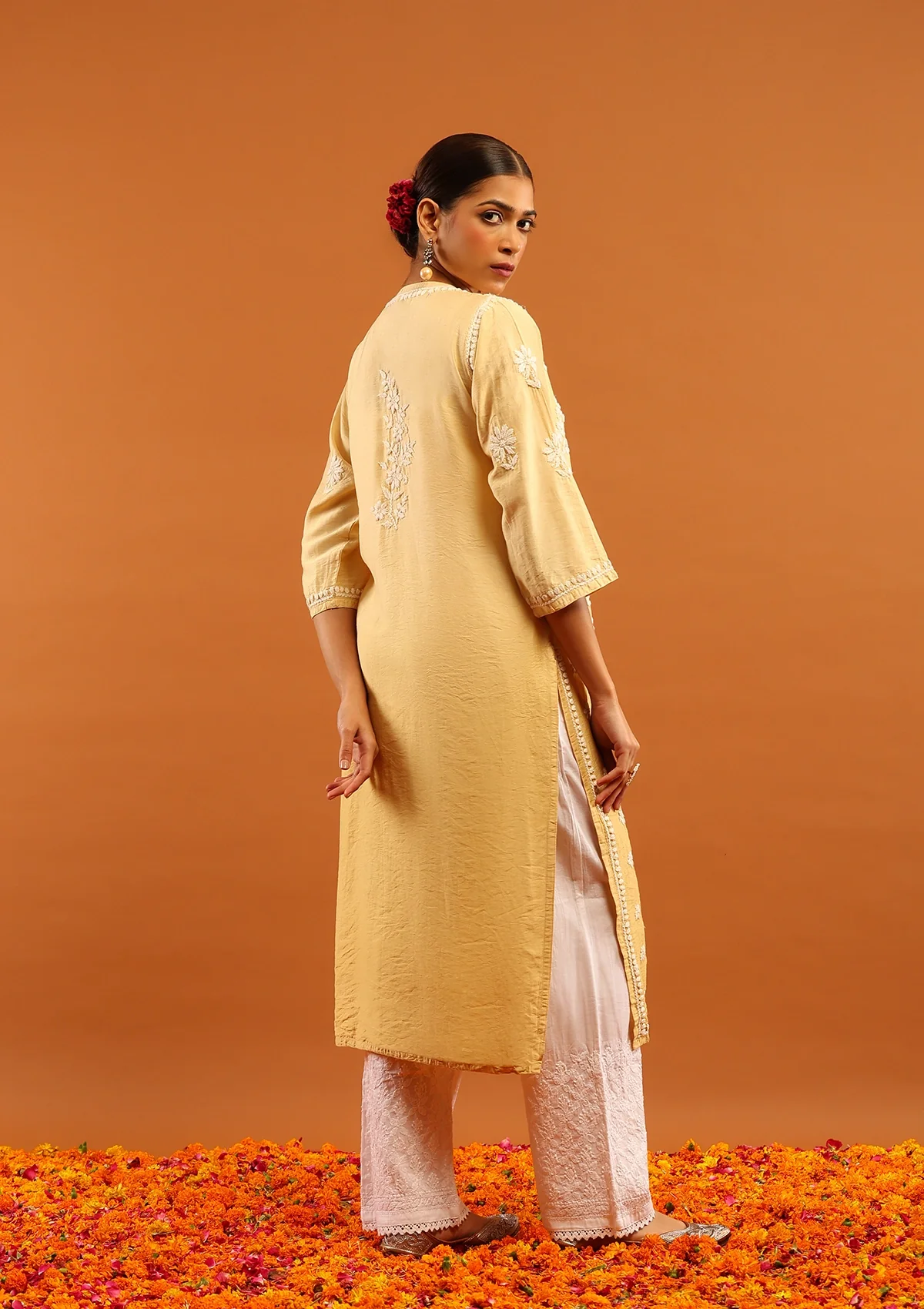HOC Chanderi Chikankari Solid Women's Long Kurta-Light Yellow - Image 6