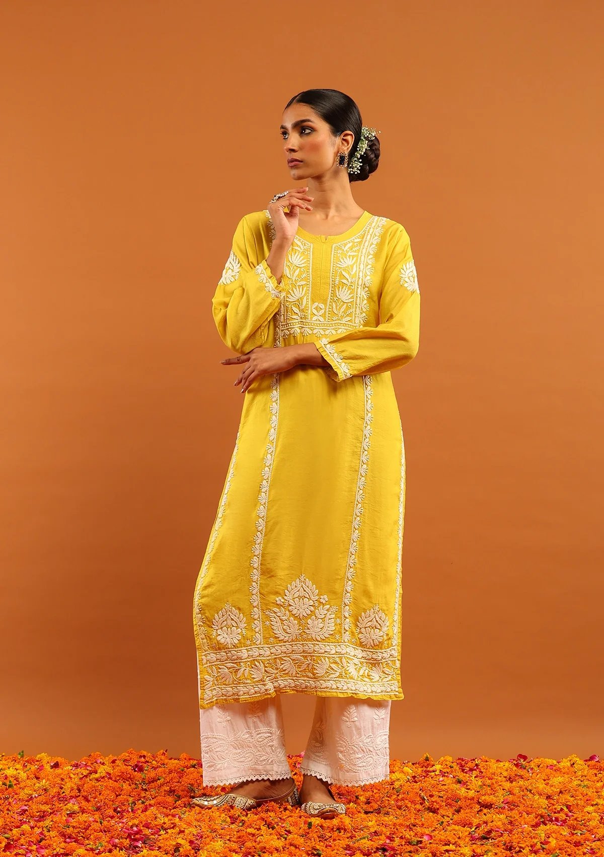 HOC Chanderi Chikankari Solid Women's Long Kurta -Mustard