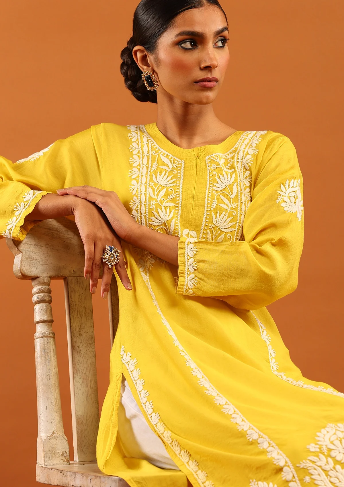 HOC Chanderi Chikankari Solid Women's Long Kurta -Mustard - Image 2