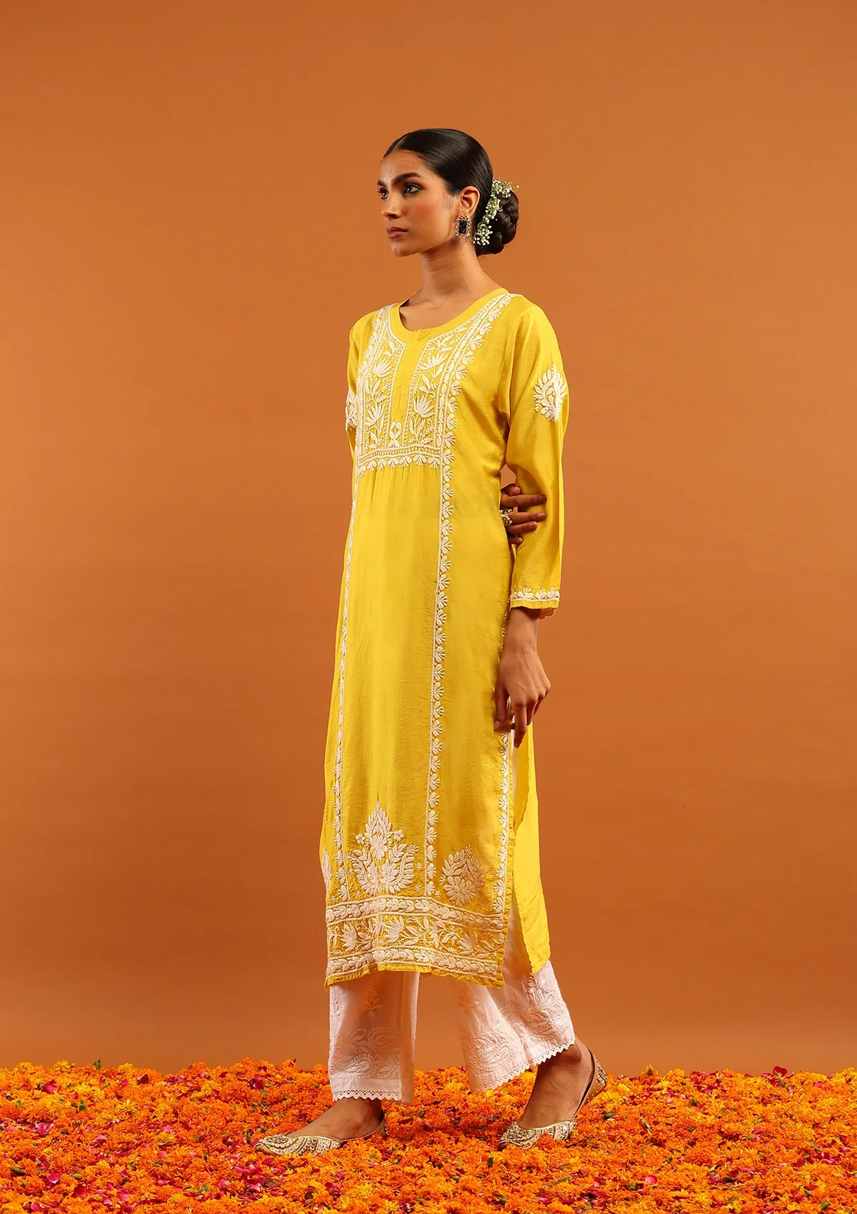 HOC Chanderi Chikankari Solid Women's Long Kurta -Mustard - Image 3