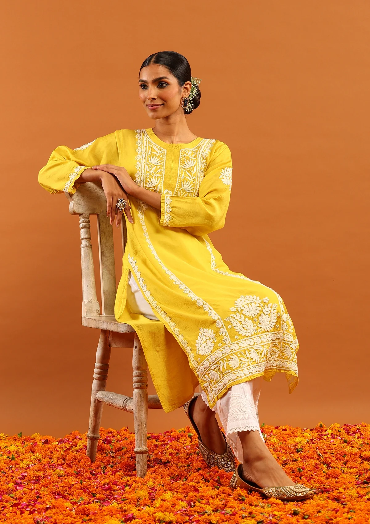 HOC Chanderi Chikankari Solid Women's Long Kurta -Mustard - Image 5