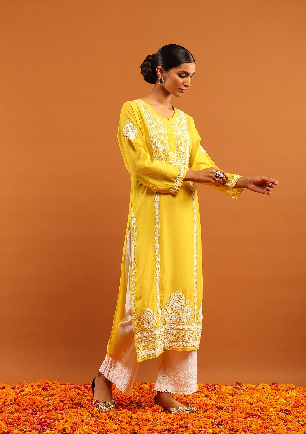 HOC Chanderi Chikankari Solid Women's Long Kurta -Mustard - Image 6