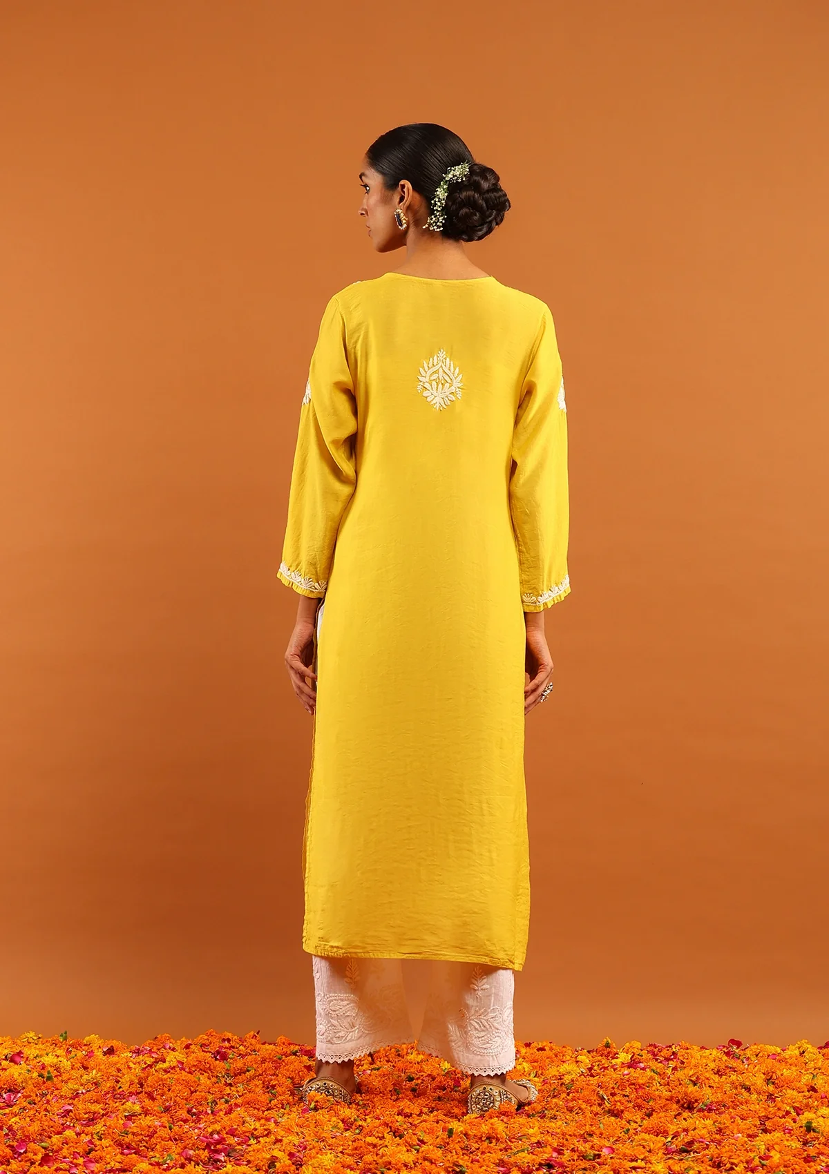 HOC Chanderi Chikankari Solid Women's Long Kurta -Mustard - Image 7