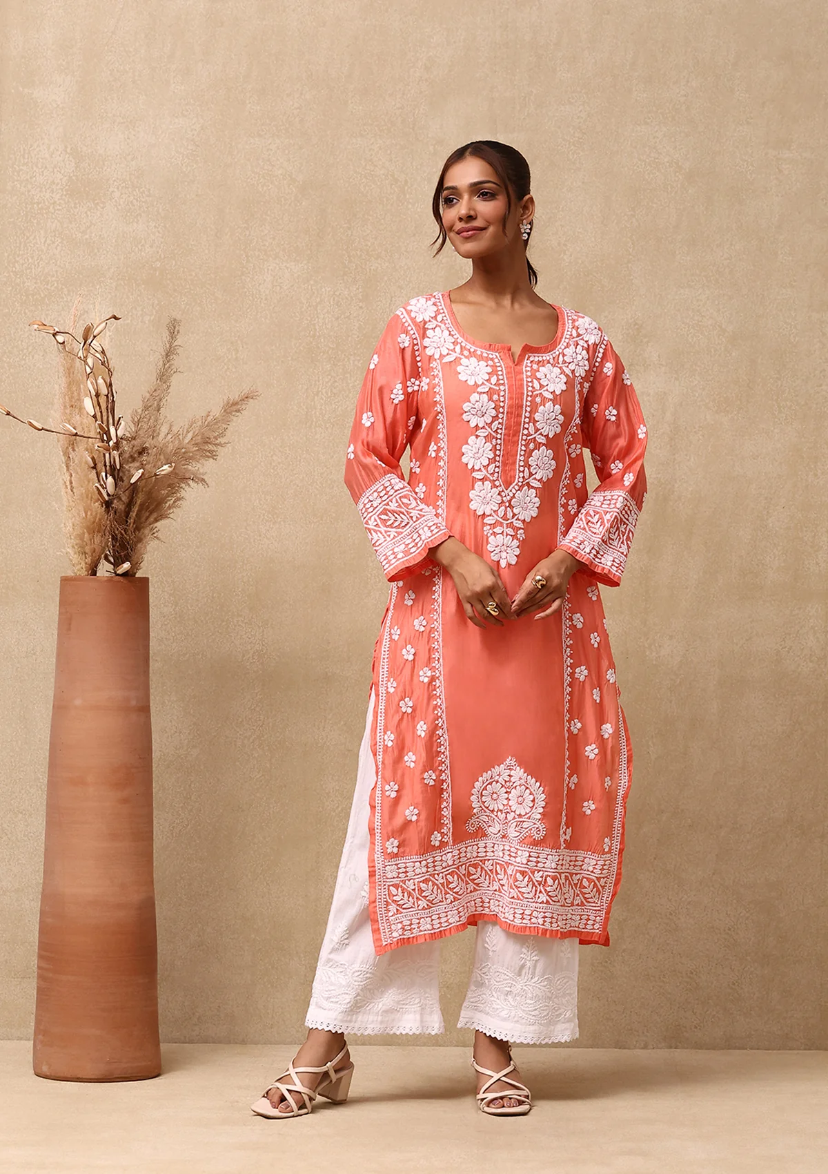 HOC Chanderi Chikankari Solid Women's Long Kurta  - Peach - Image 3