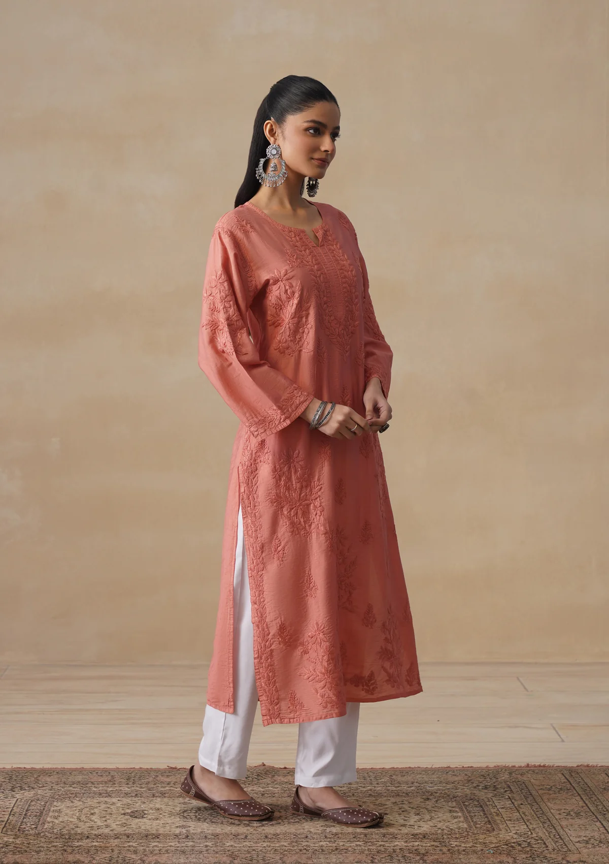 HOC Chanderi Chikankari Solid Women's Long Kurta - Dust Pink - Image 2