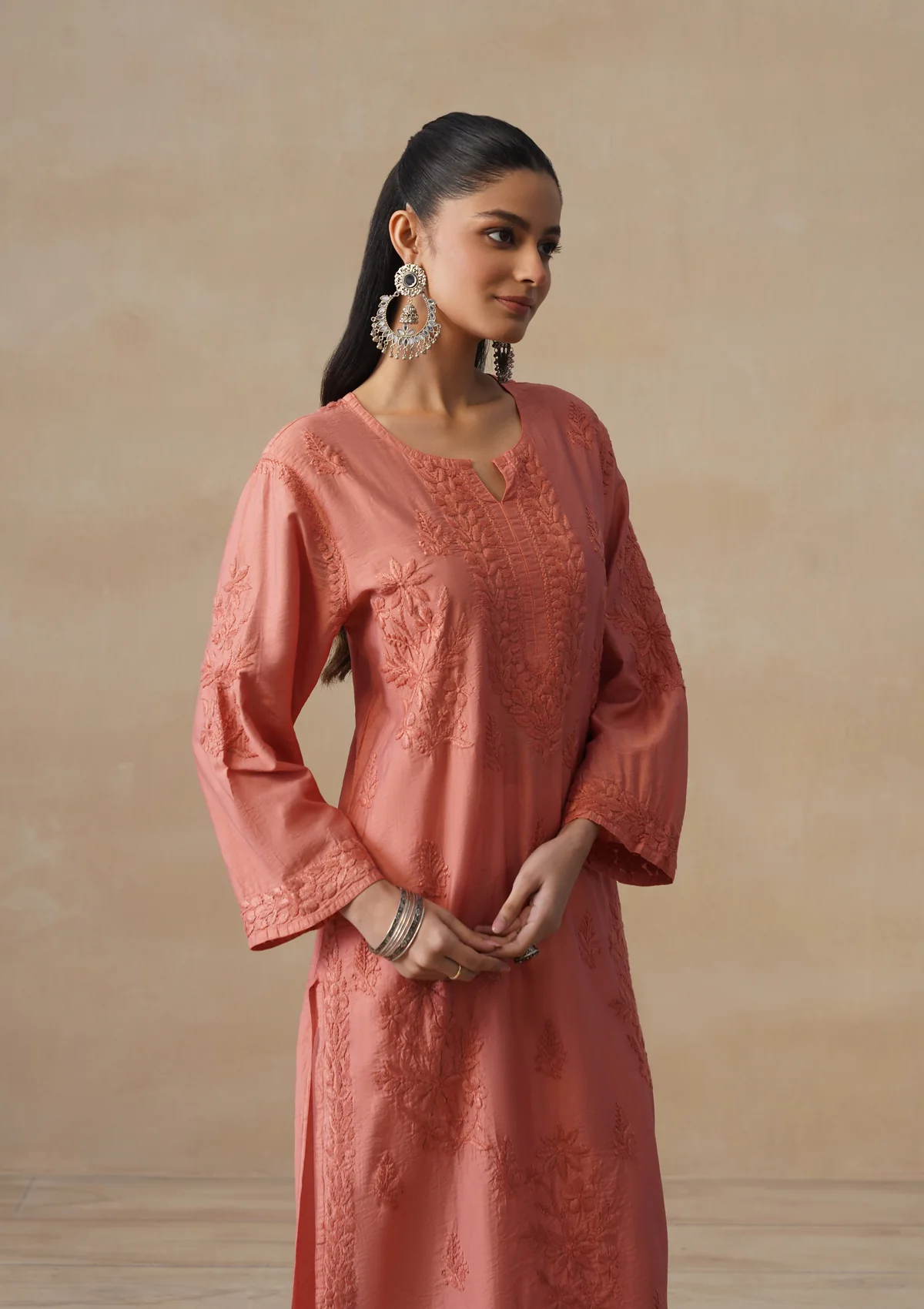 HOC Chanderi Chikankari Solid Women's Long Kurta - Dust Pink - Image 4