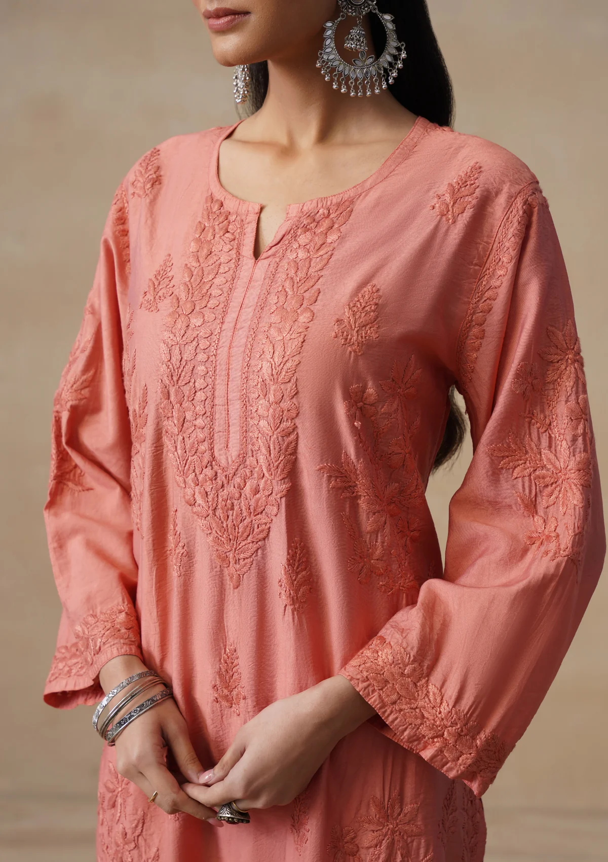 HOC Chanderi Chikankari Solid Women's Long Kurta - Dust Pink - Image 6