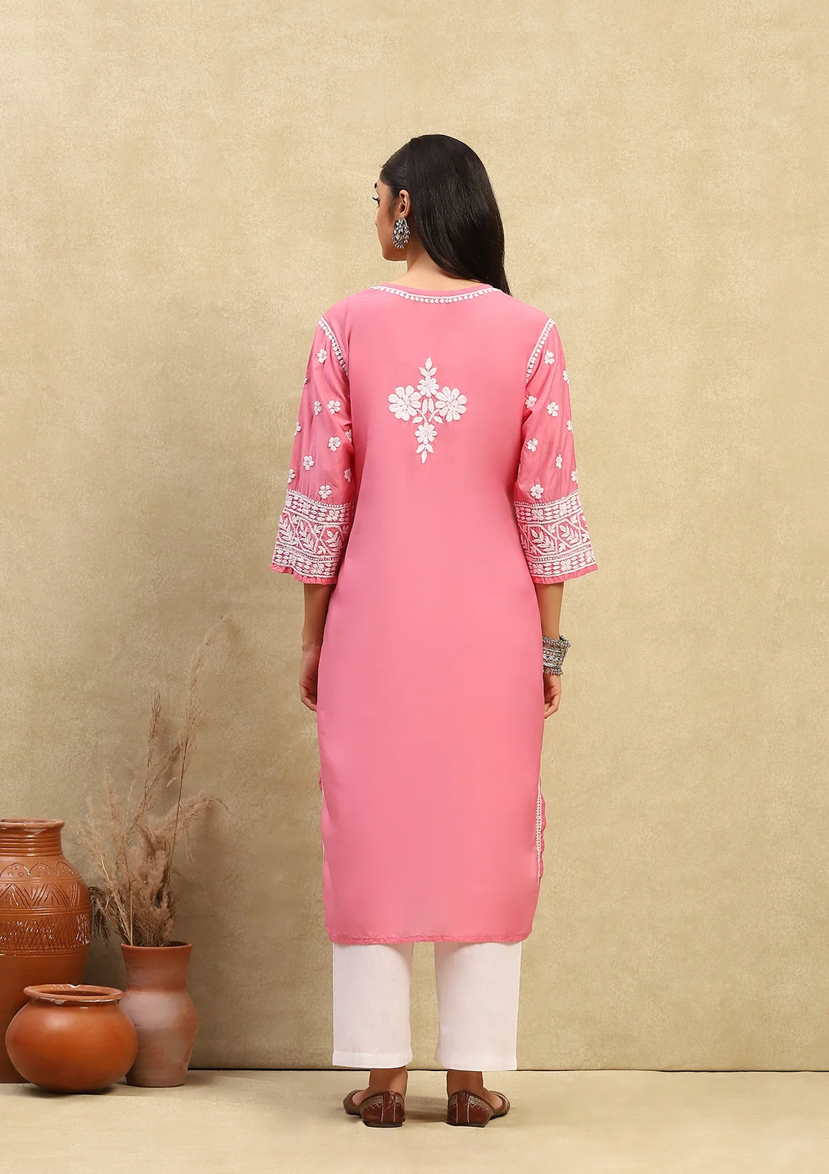 HOC Chanderi Chikankari Solid Women's Long Kurta - Pink - Image 5