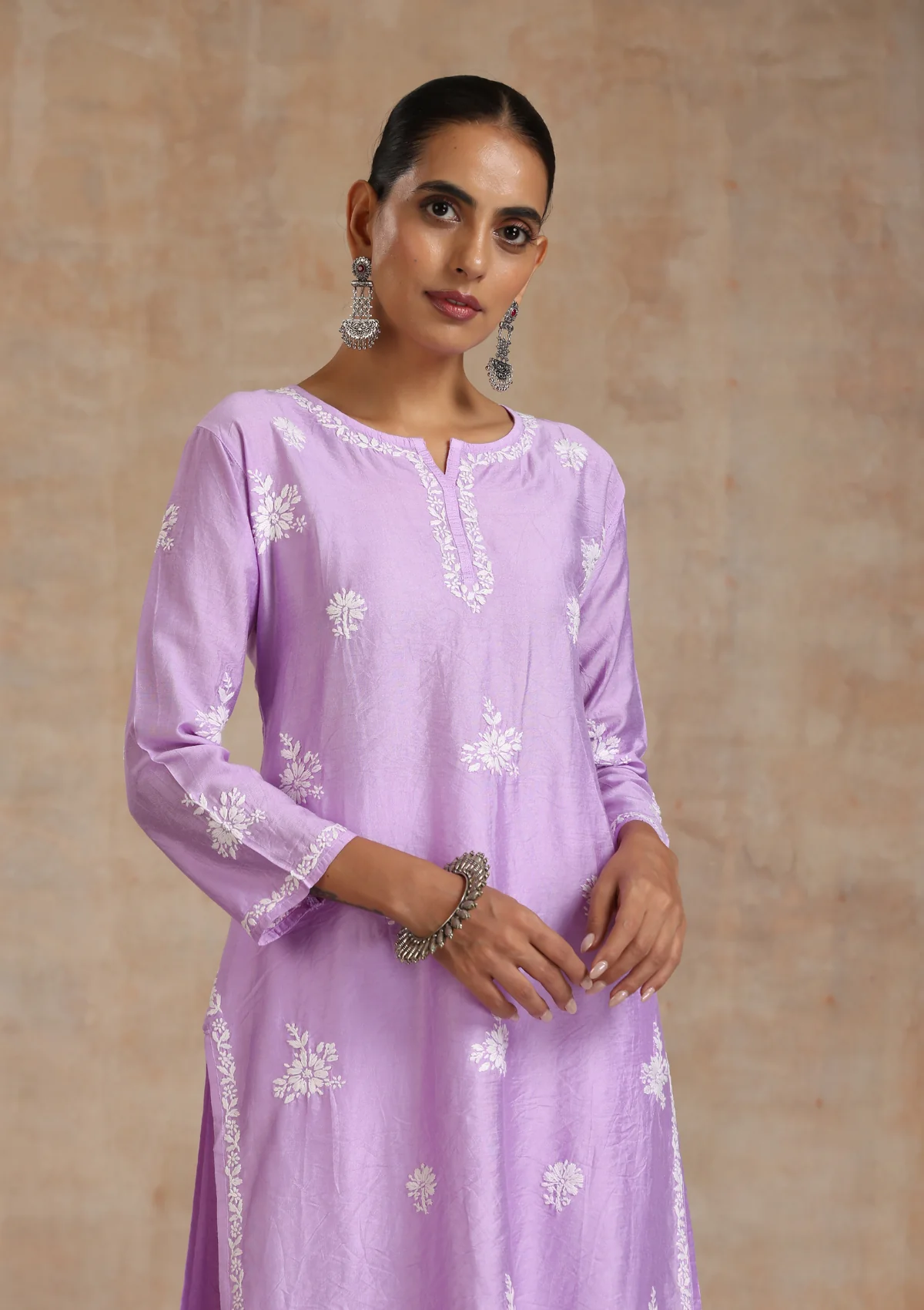 Chanderi Chikankari Solid Women's Long Kurta - Purple