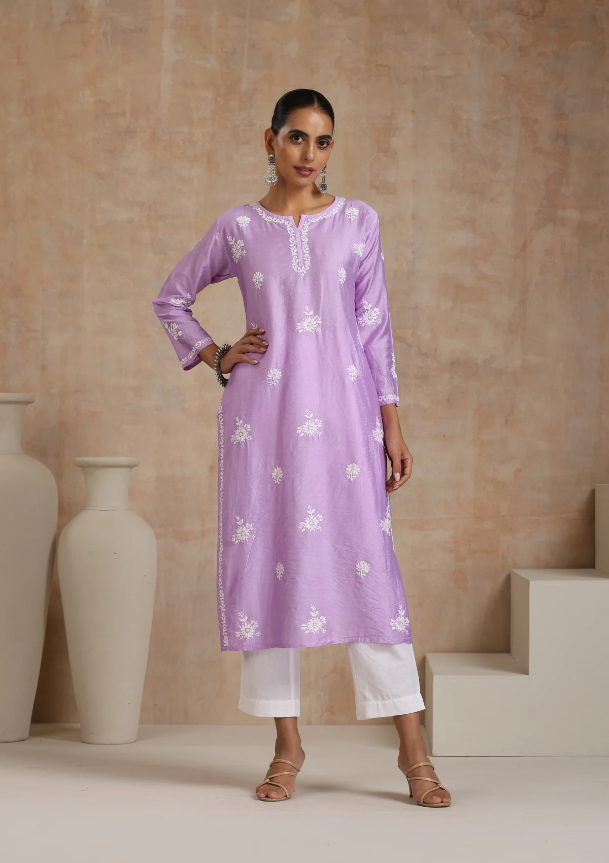 Chanderi Chikankari Solid Women's Long Kurta - Purple - Image 2