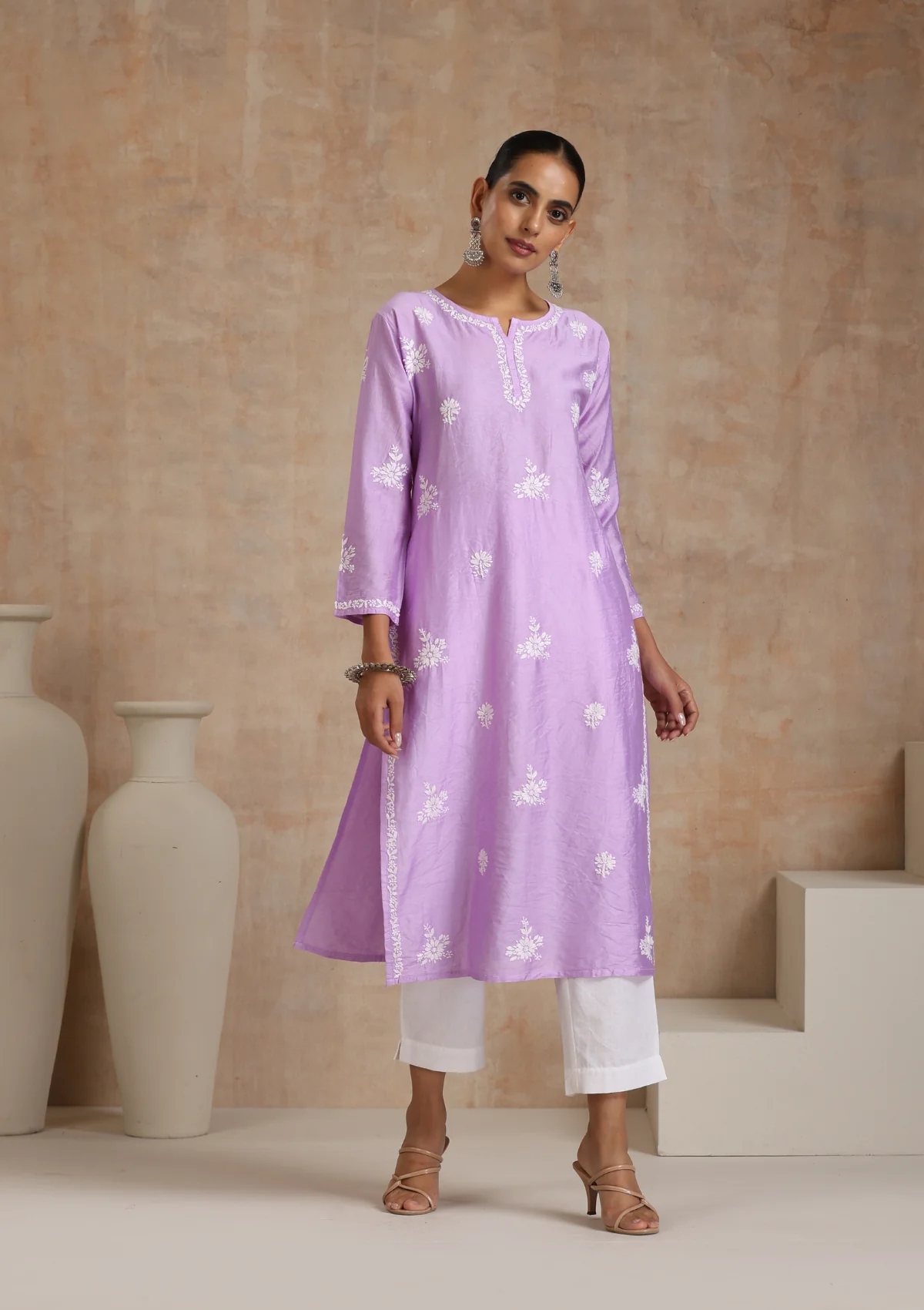 Chanderi Chikankari Solid Women's Long Kurta - Purple - Image 4