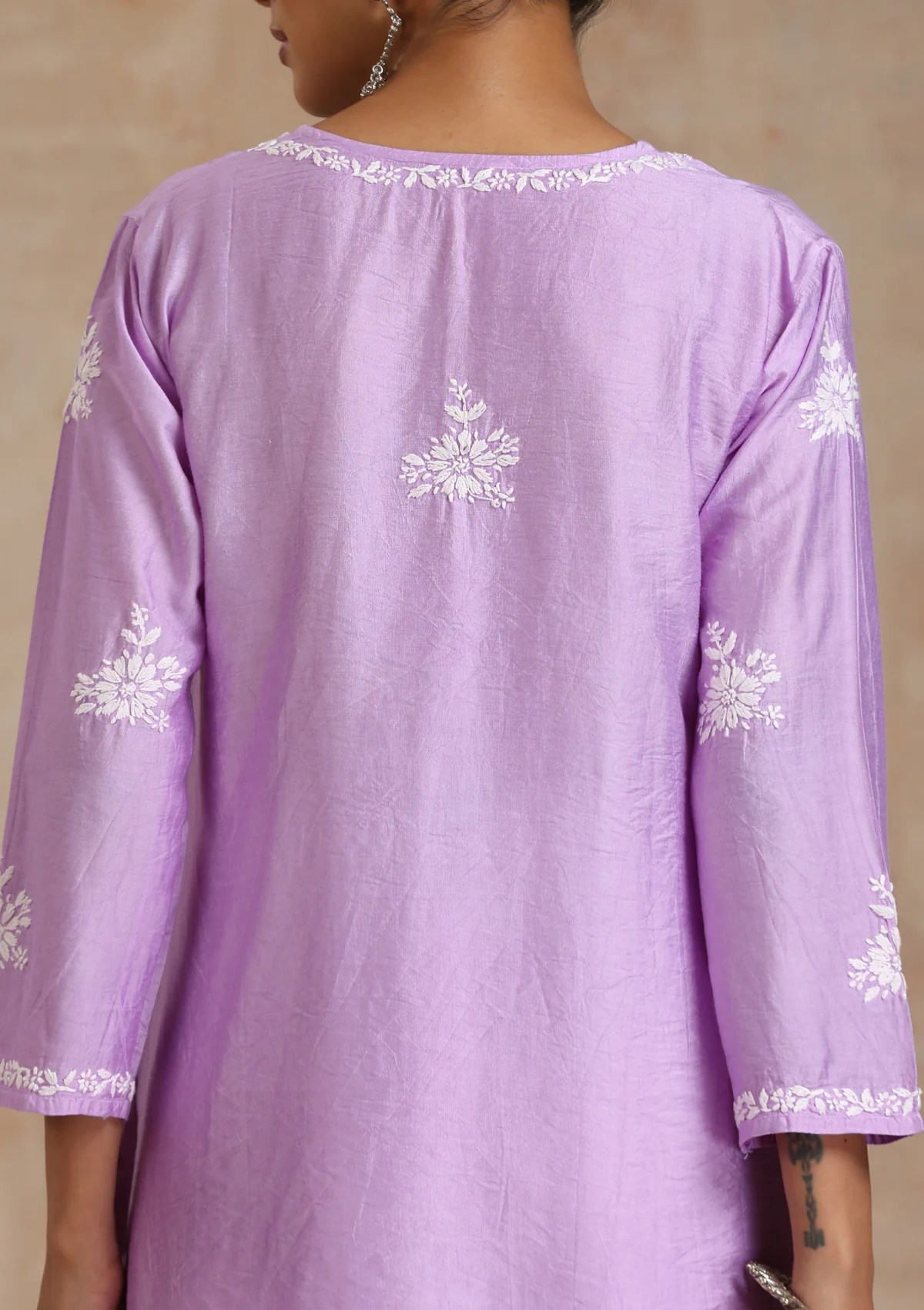 Chanderi Chikankari Solid Women's Long Kurta - Purple - Image 5