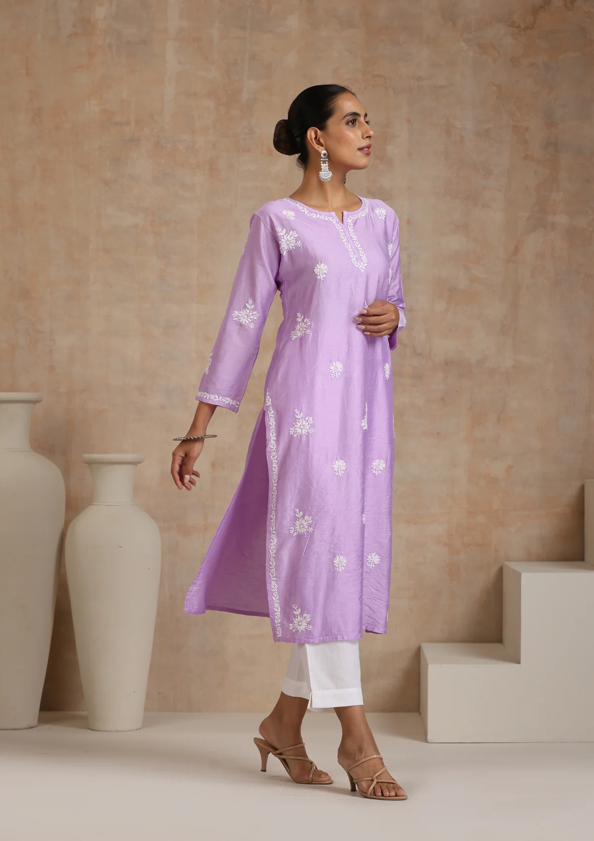 Chanderi Chikankari Solid Women's Long Kurta - Purple - Image 6
