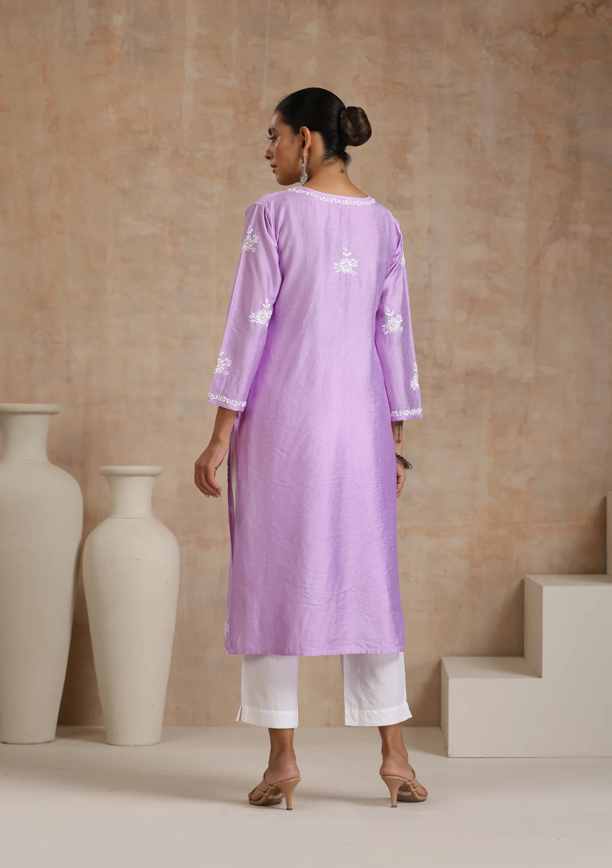 Chanderi Chikankari Solid Women's Long Kurta - Purple - Image 7