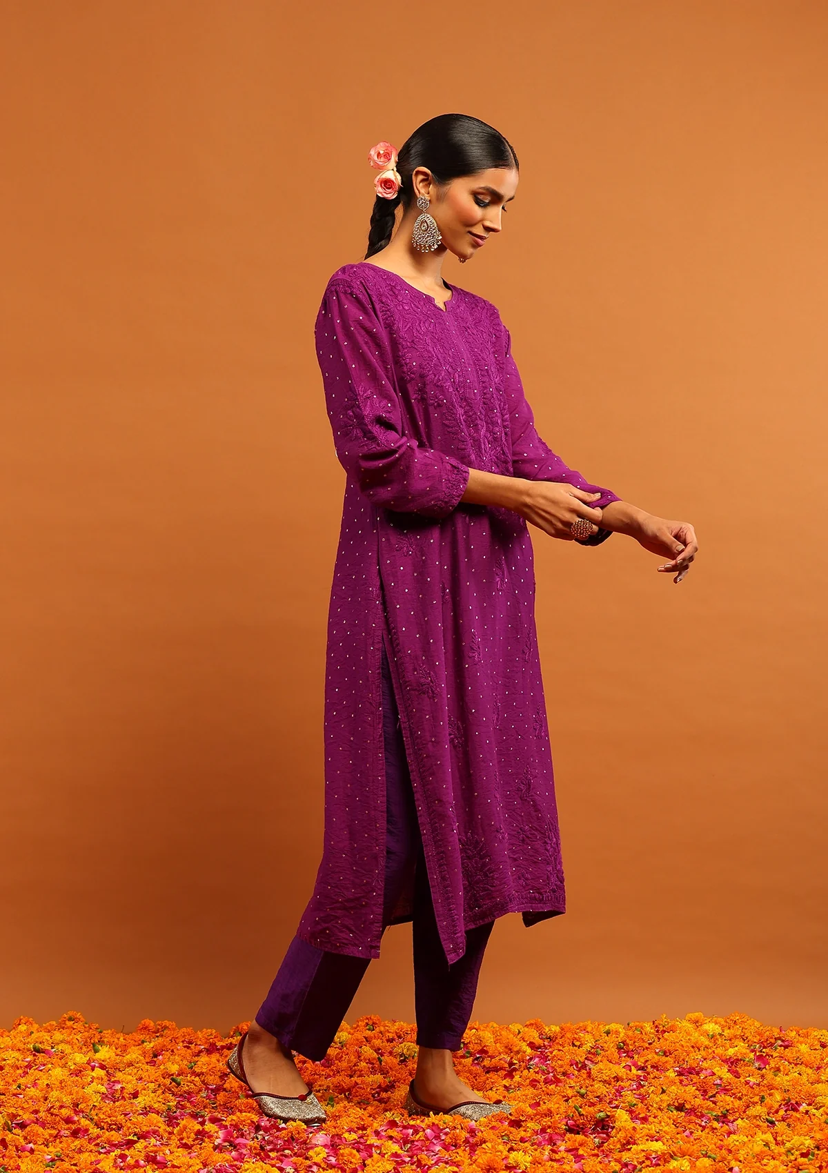 HOC Banarasi Chanderi Chikankari Solid Women's Long Kurta-Purple - Image 3