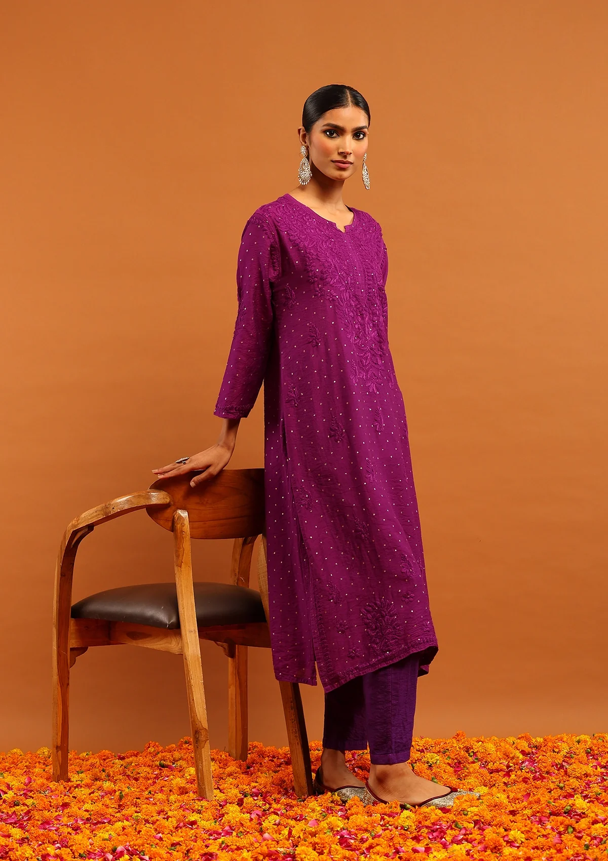 HOC Banarasi Chanderi Chikankari Solid Women's Long Kurta-Purple - Image 4
