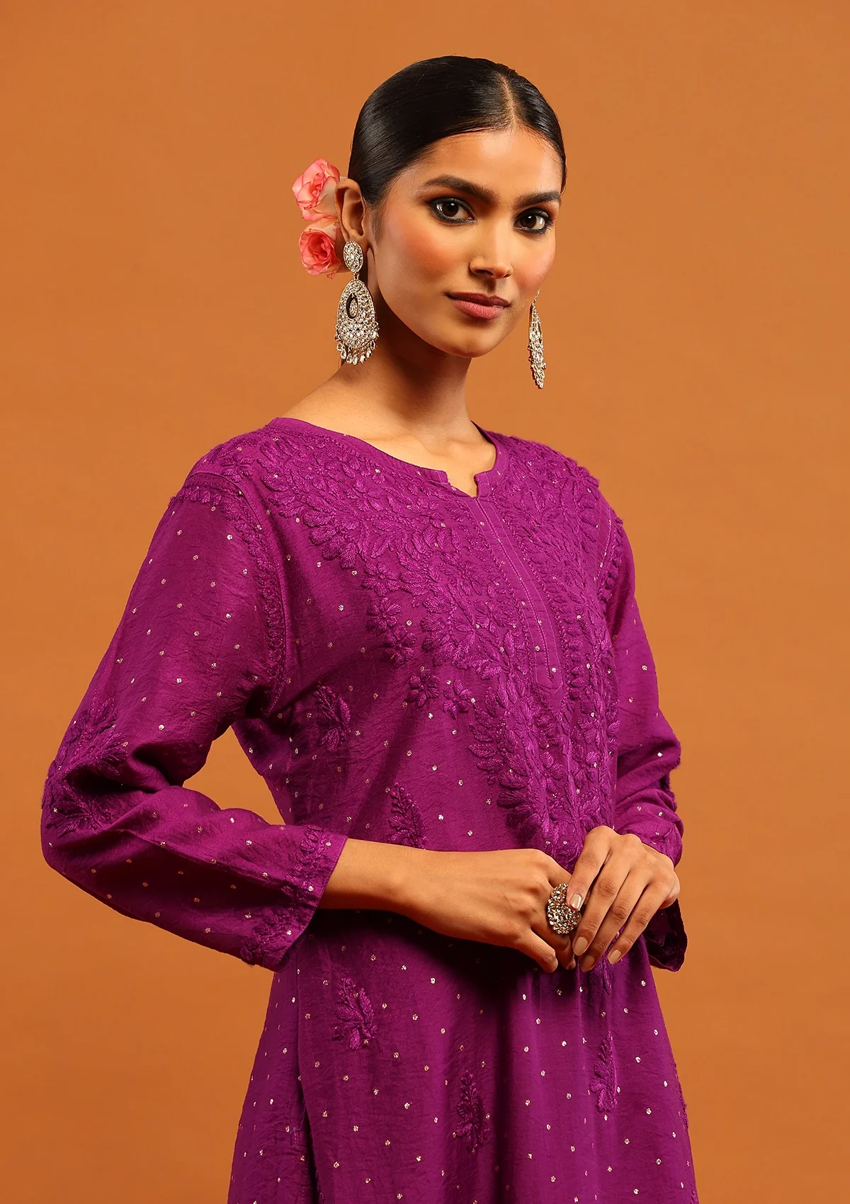 HOC Banarasi Chanderi Chikankari Solid Women's Long Kurta-Purple - Image 5