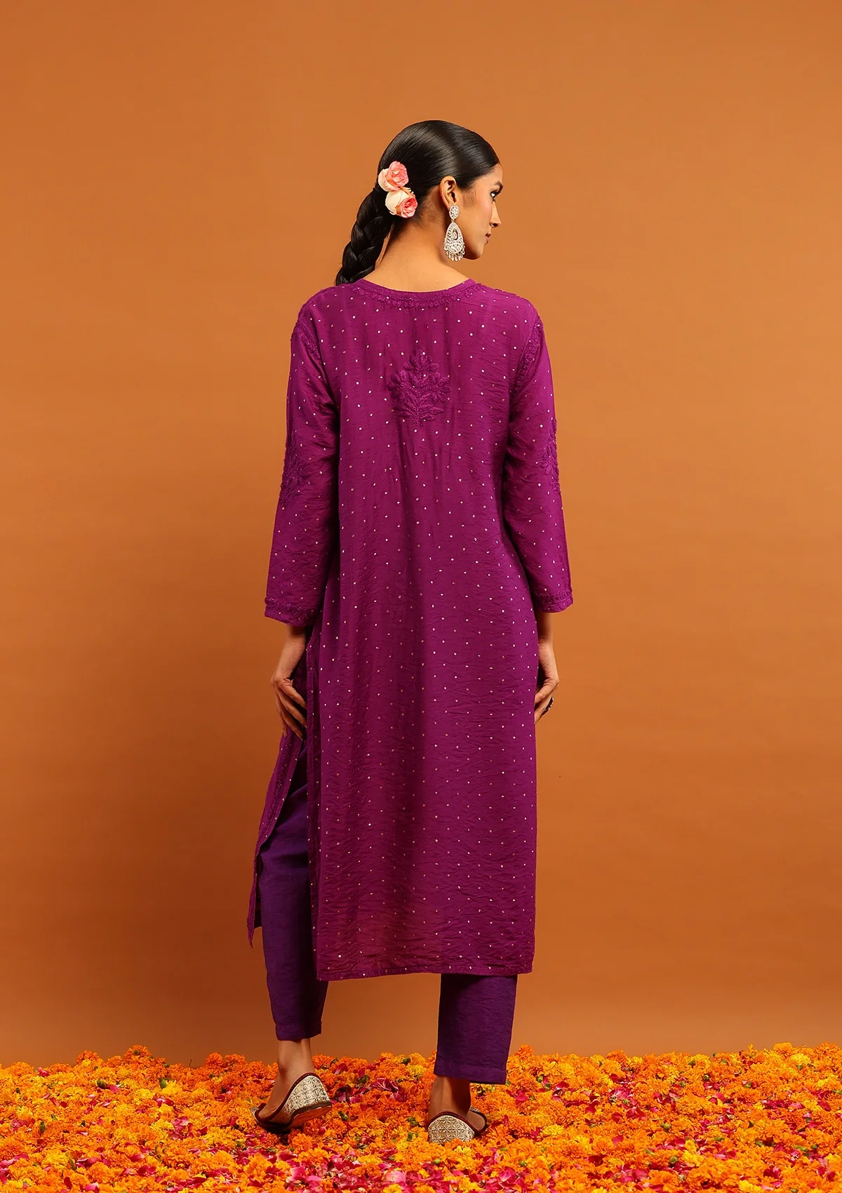 HOC Banarasi Chanderi Chikankari Solid Women's Long Kurta-Purple - Image 6
