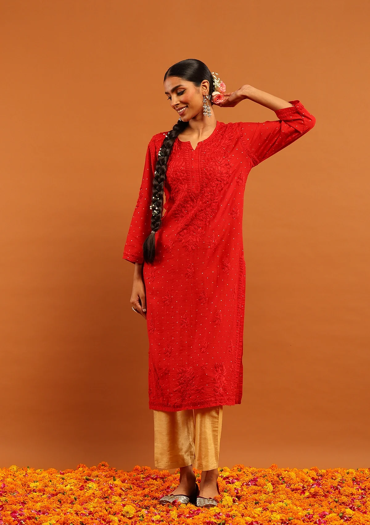 HOC Banarasi Chanderi Chikankari Solid Women's Long Kurta-Red