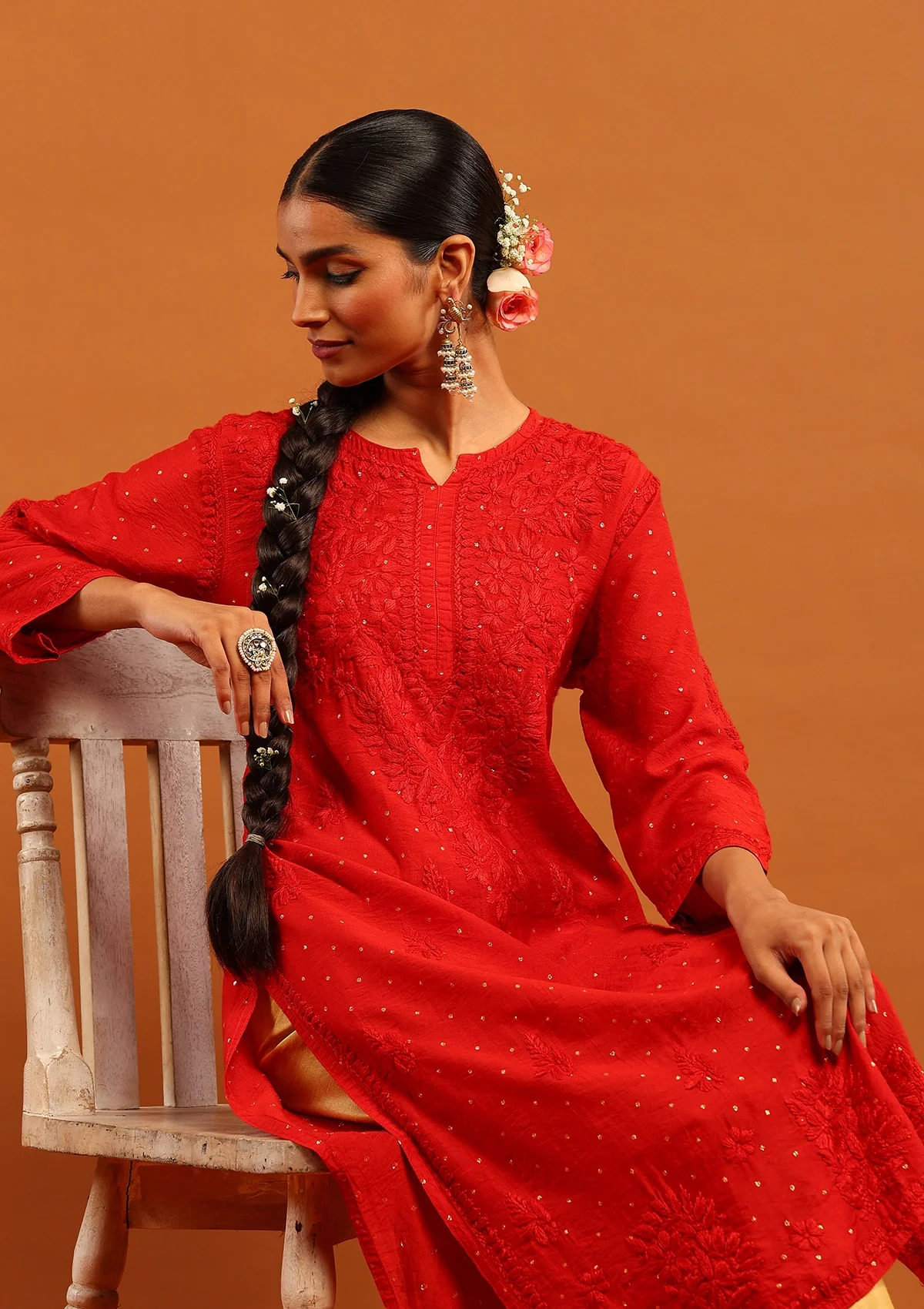 HOC Banarasi Chanderi Chikankari Solid Women's Long Kurta-Red - Image 2