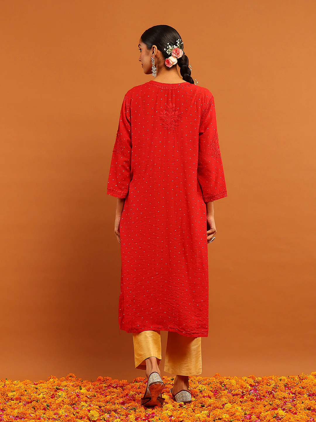 HOC Banarasi Chanderi Chikankari Solid Women's Long Kurta-Red - Image 6