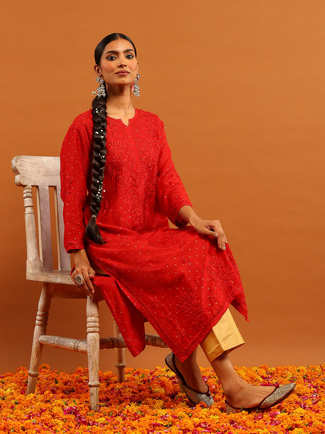 HOC Banarasi Chanderi Chikankari Solid Women's Long Kurta-Red - Image 7
