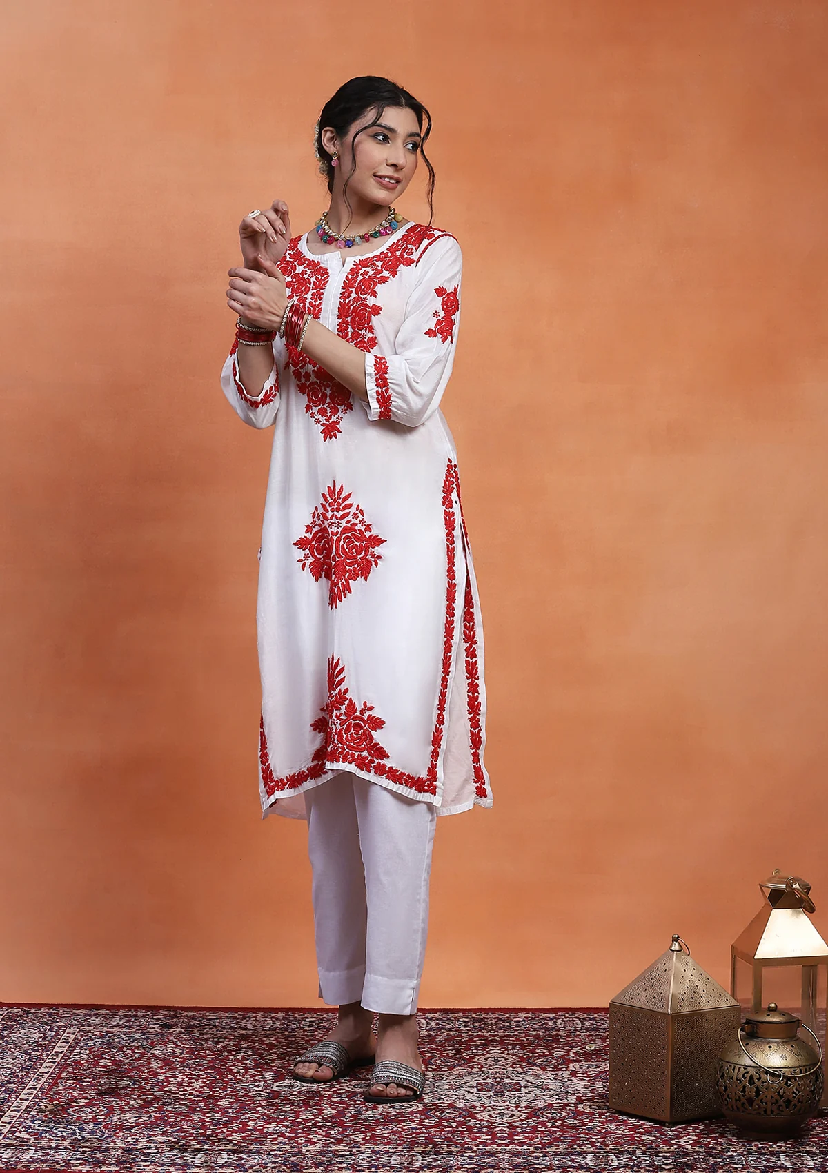 HOC Chanderi Chikankari Solid Women's Long Kurta  - White - Image 3