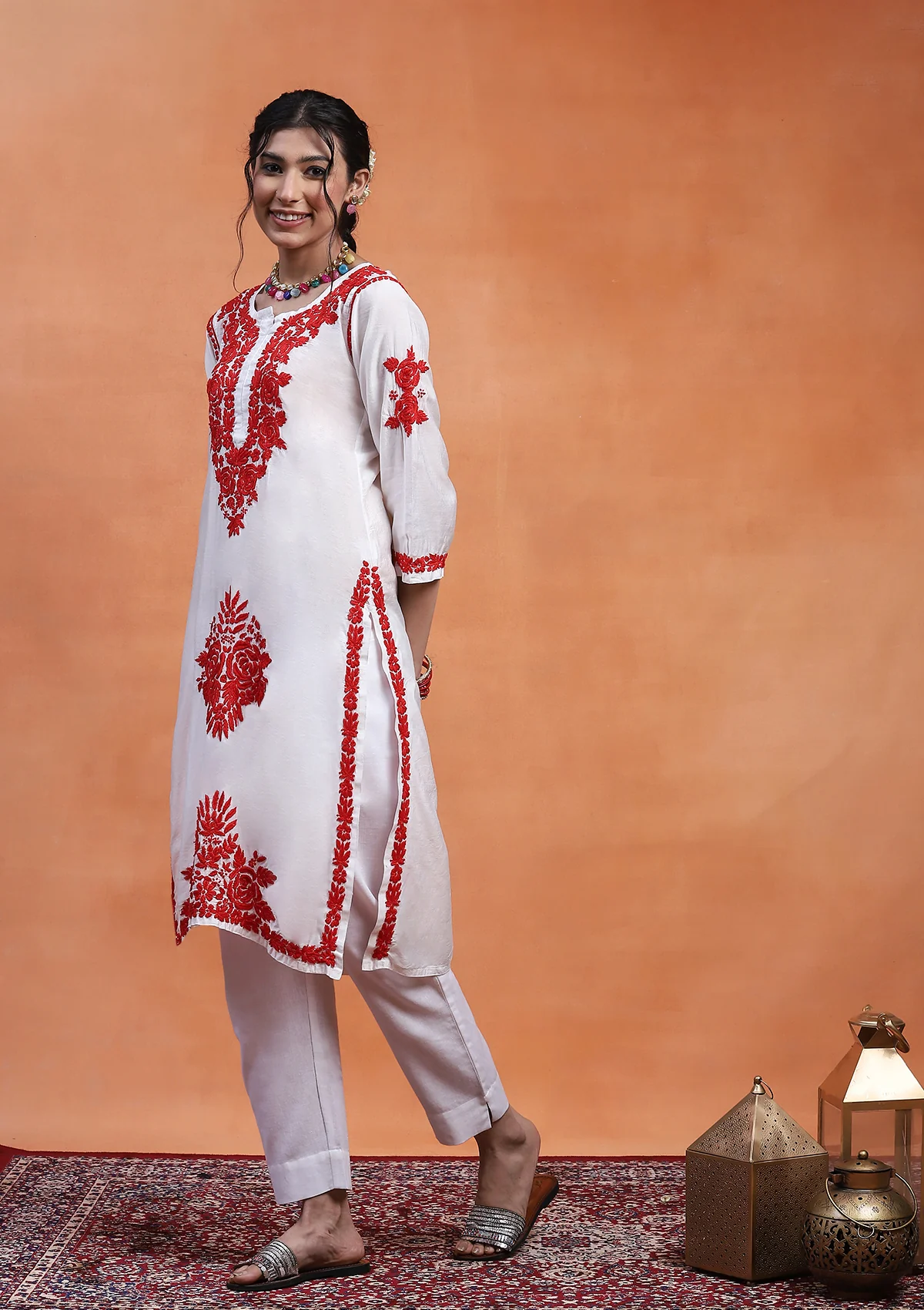 HOC Chanderi Chikankari Solid Women's Long Kurta  - White - Image 4