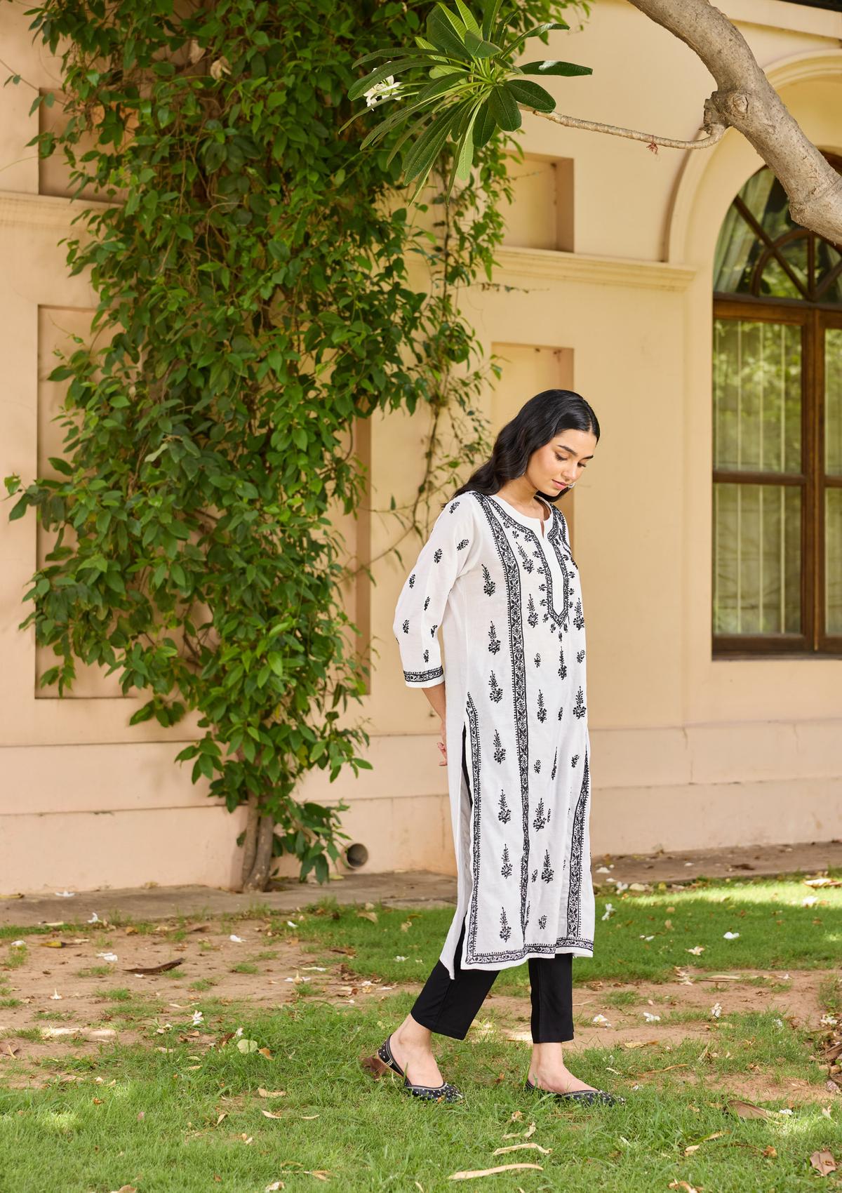 HOC Chanderi Chikankari Solid Women's Long Kurta  - White - Image 3
