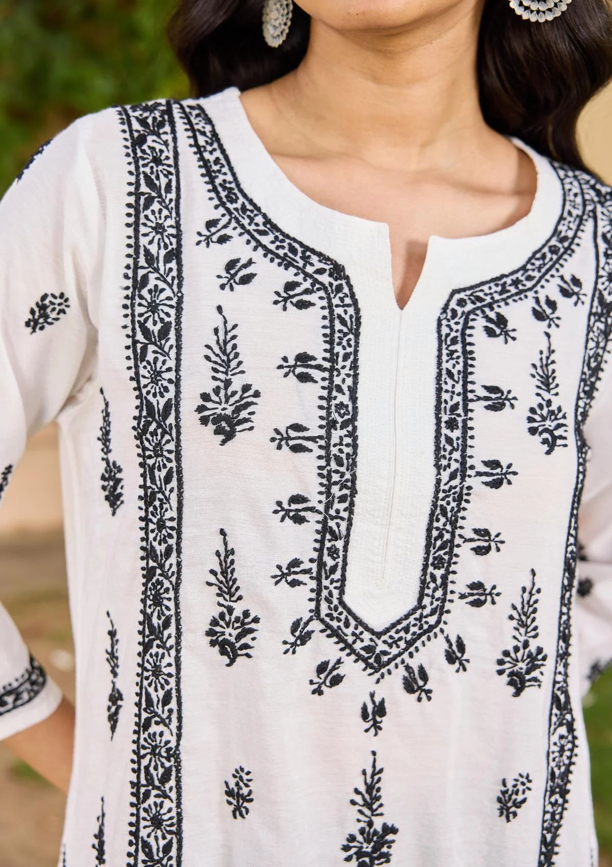 HOC Chanderi Chikankari Solid Women's Long Kurta  - White - Image 4
