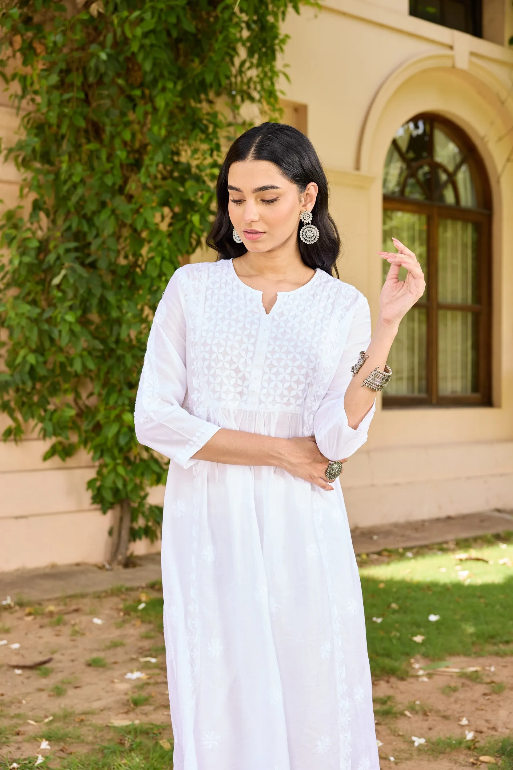 HOC Chanderi Chikankari Solid Women's Long Kurta - White - Image 4