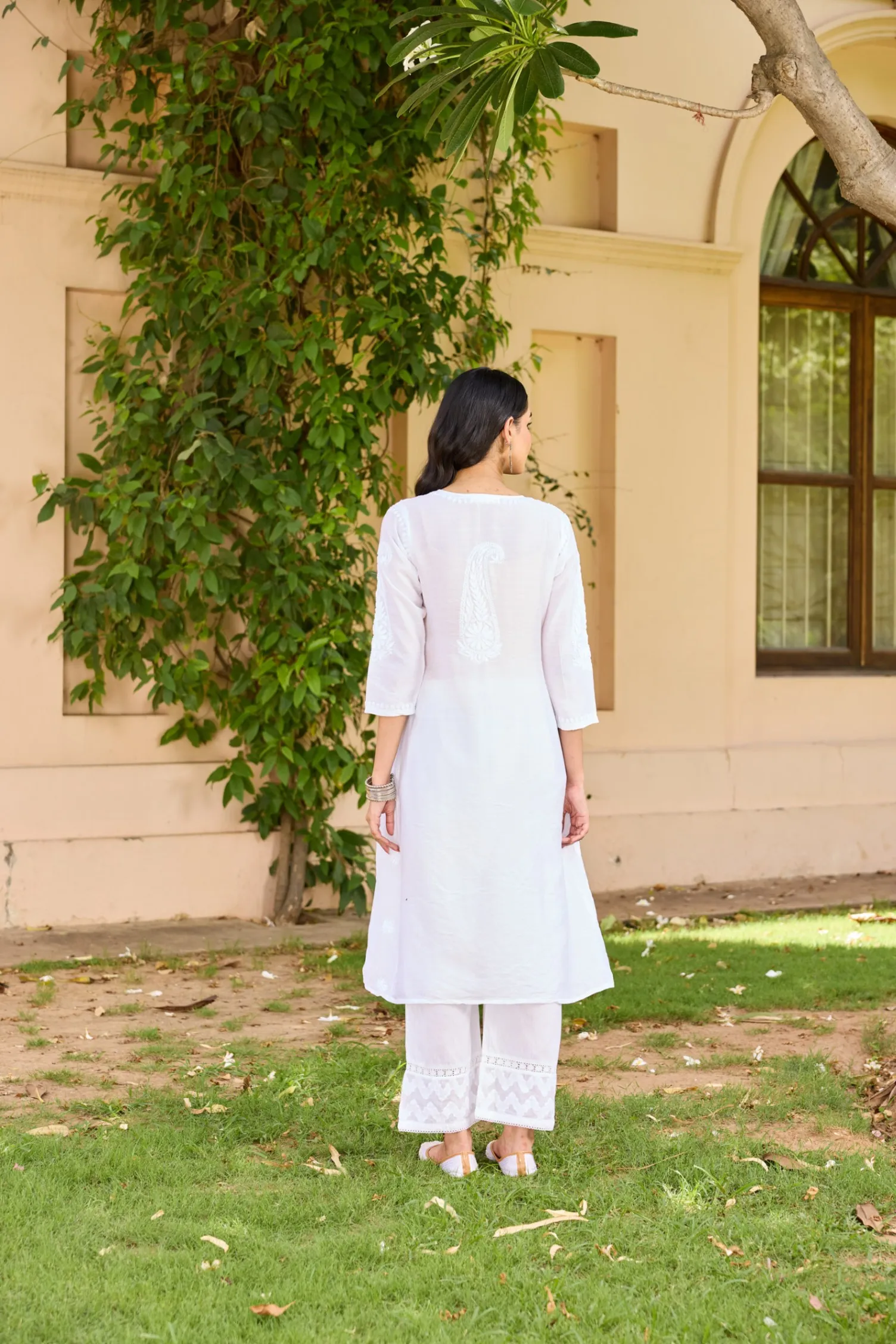 HOC Chanderi Chikankari Solid Women's Long Kurta - White - Image 5