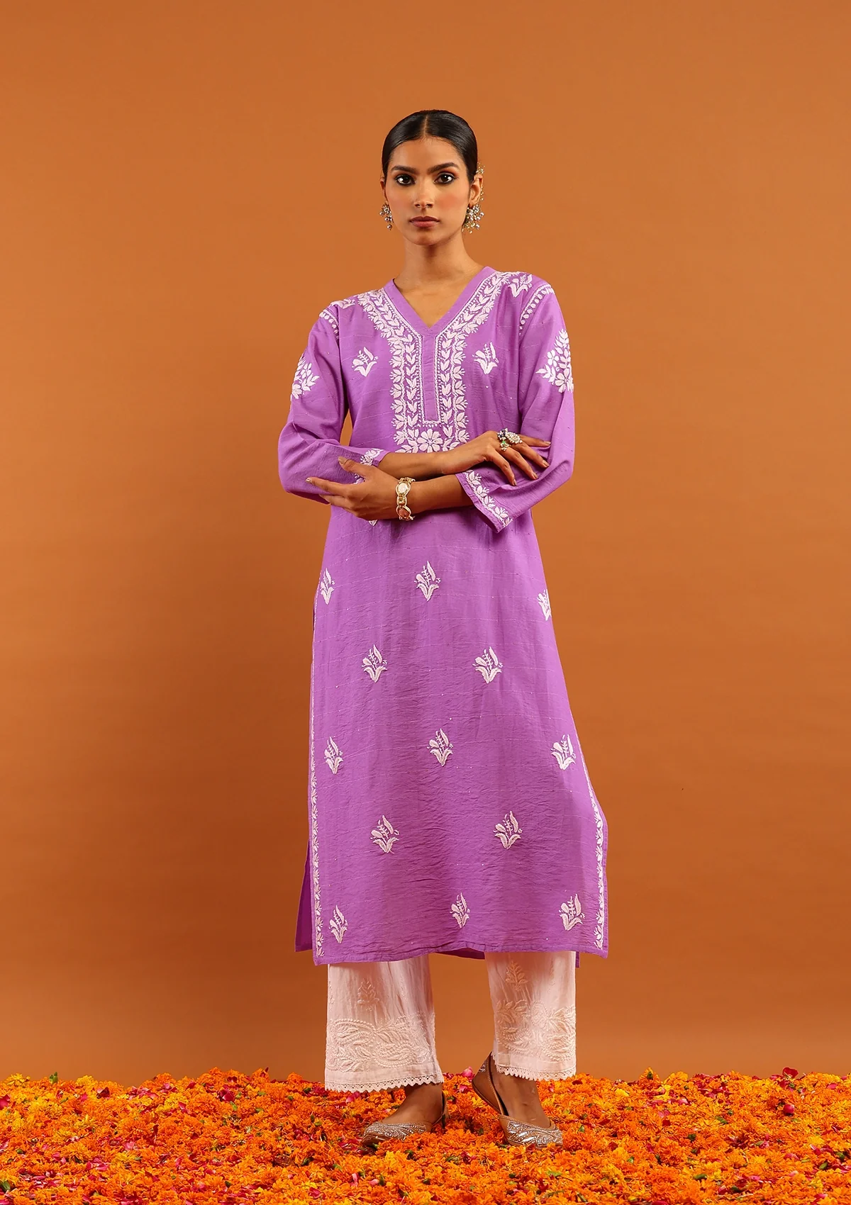 HOC Chanderi Chikankari With Sequins Solid Women's Long Kurta -Lavender