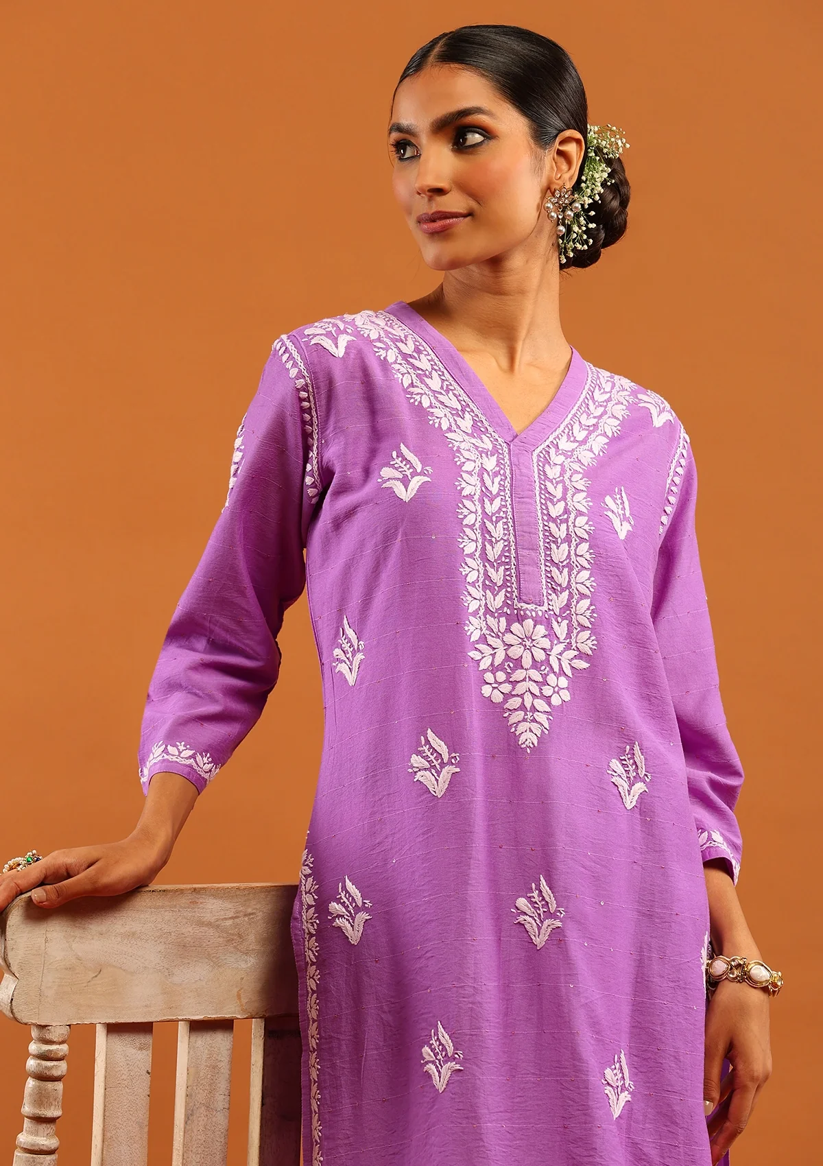HOC Chanderi Chikankari With Sequins Solid Women's Long Kurta -Lavender - Image 2
