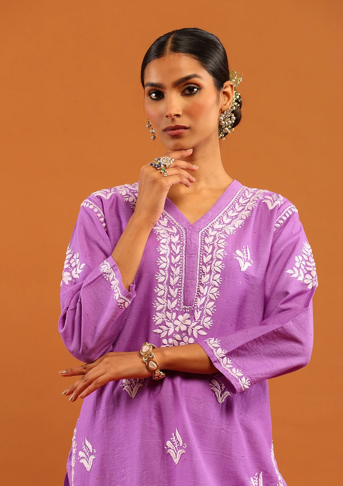 HOC Chanderi Chikankari With Sequins Solid Women's Long Kurta -Lavender - Image 4