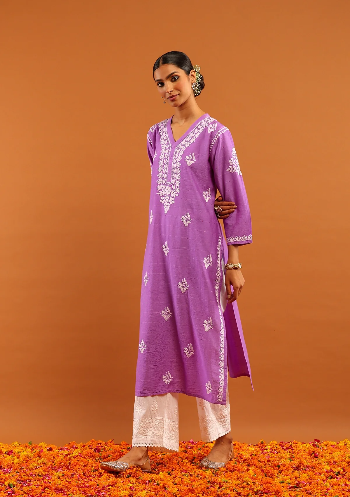 HOC Chanderi Chikankari With Sequins Solid Women's Long Kurta -Lavender - Image 5