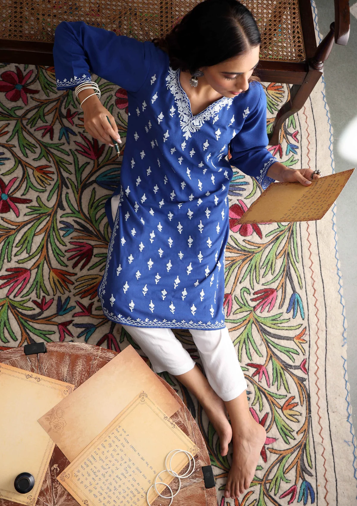 HOC Aari Embroidered Cotton Solid Women's Long Kurta - Blue - Image 4