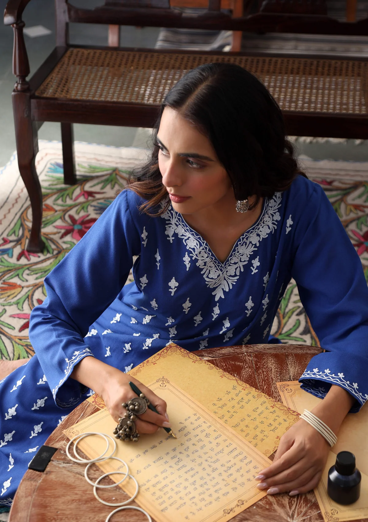 HOC Aari Embroidered Cotton Solid Women's Long Kurta - Blue - Image 6