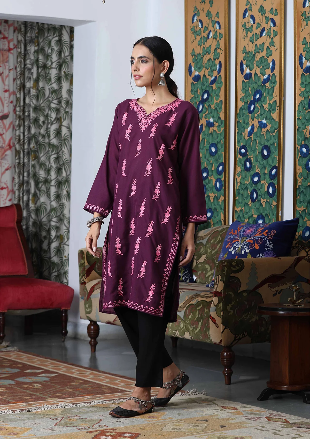 HOC Aari Embroidered Cotton Solid Women's Long Kurta - Dark Purple - Image 5