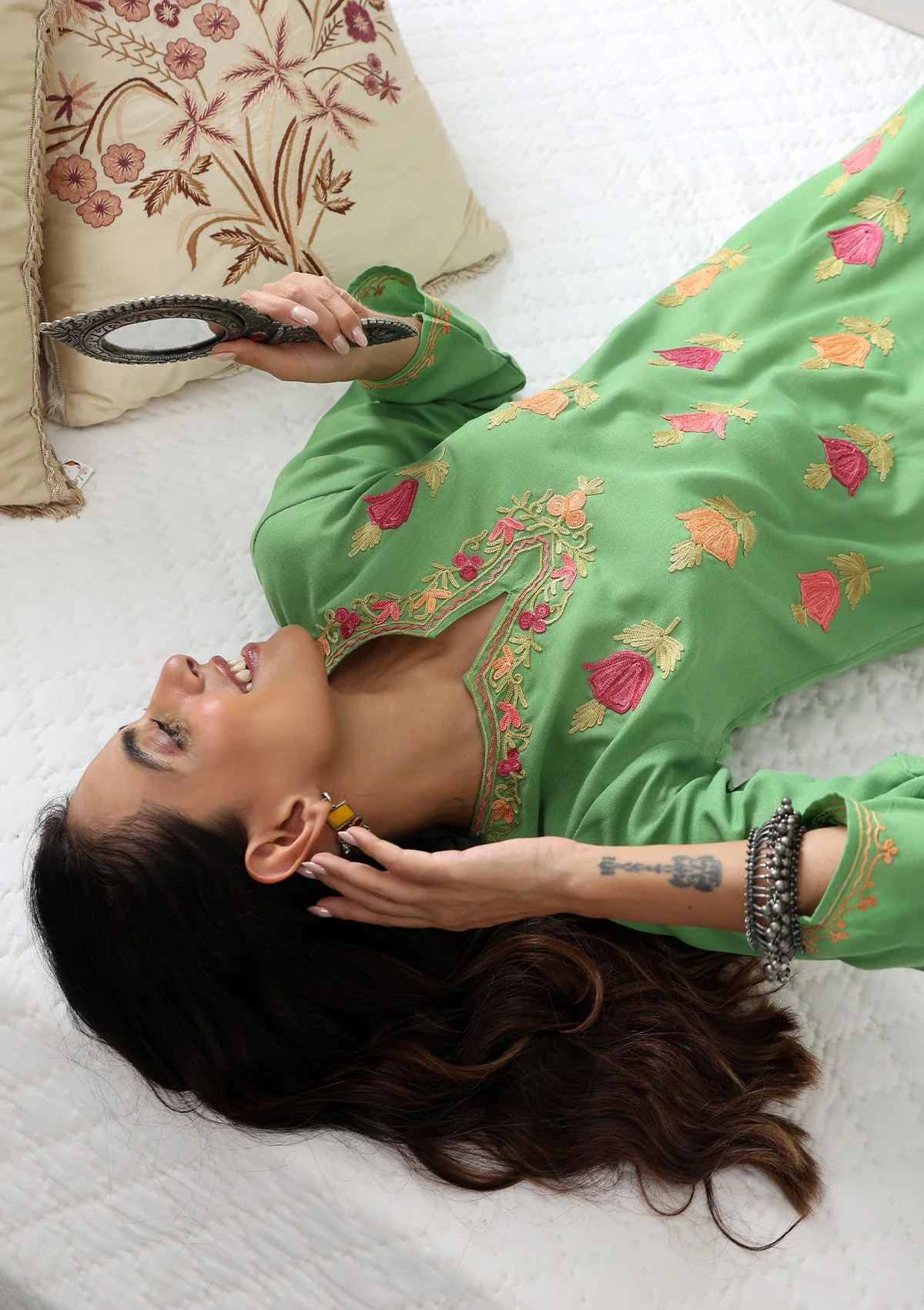 HOC Aari Embroidered Cotton Solid Women's Long Kurta - Green - Image 4