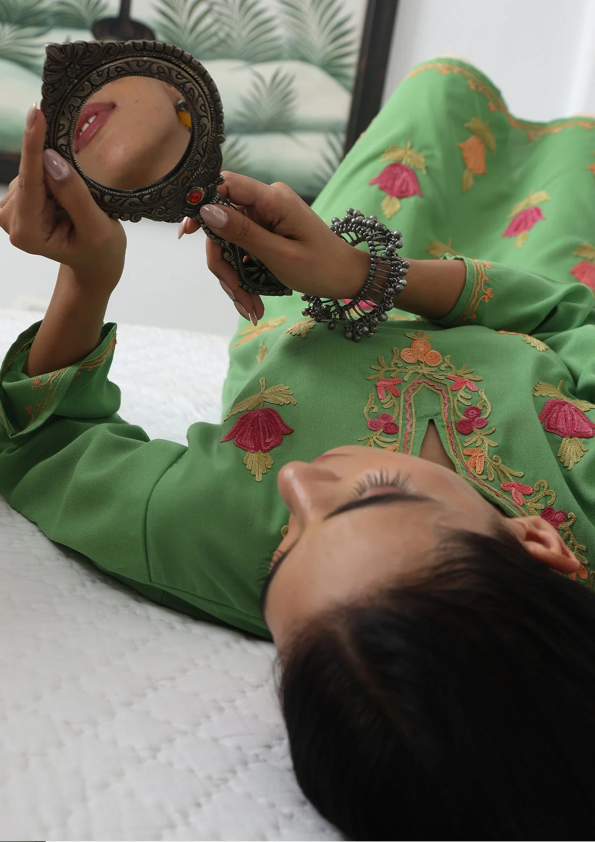 HOC Aari Embroidered Cotton Solid Women's Long Kurta - Green - Image 6