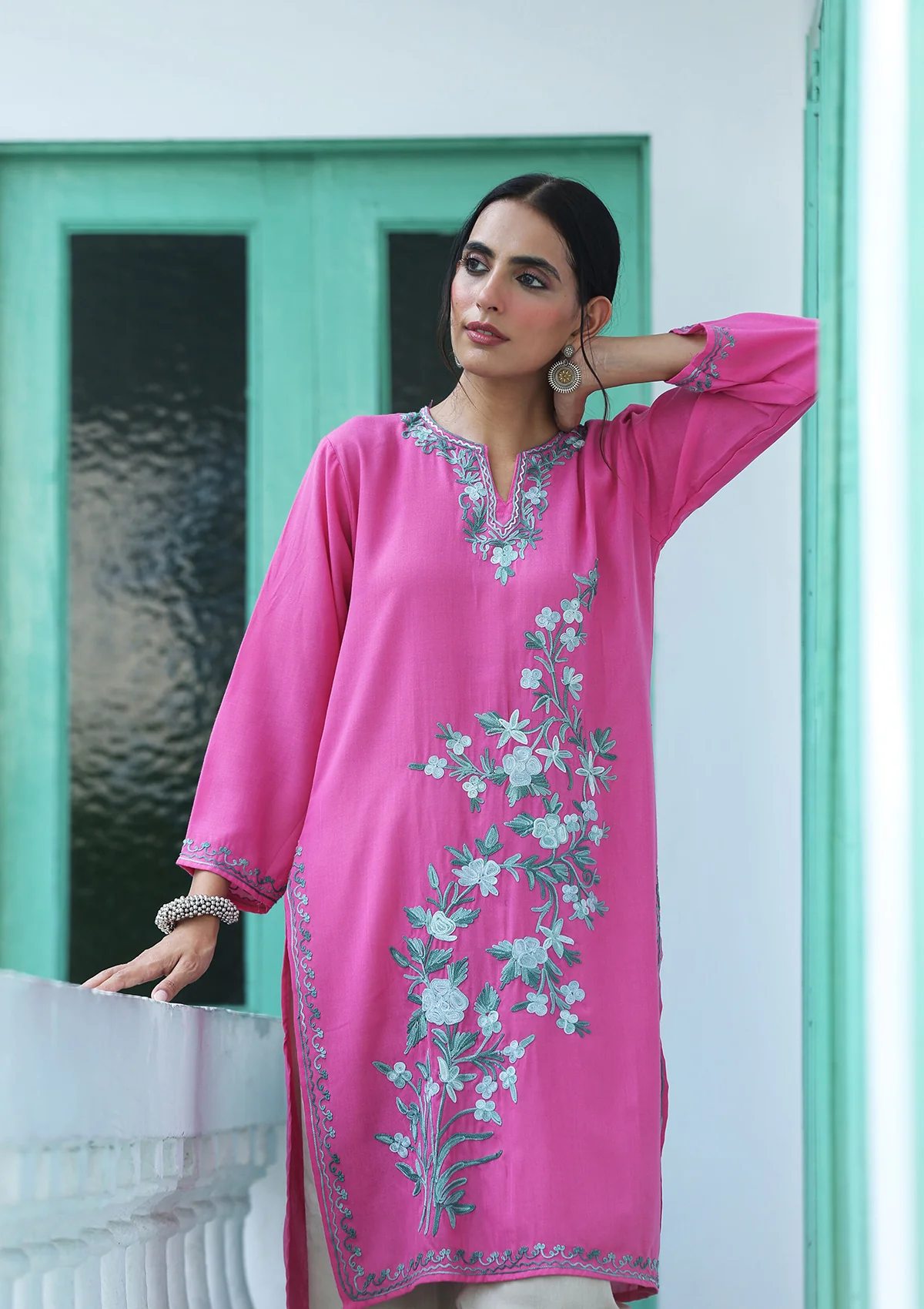HOC Aari Embroidered Cotton Solid Women's Long Kurta - Pink - Image 2