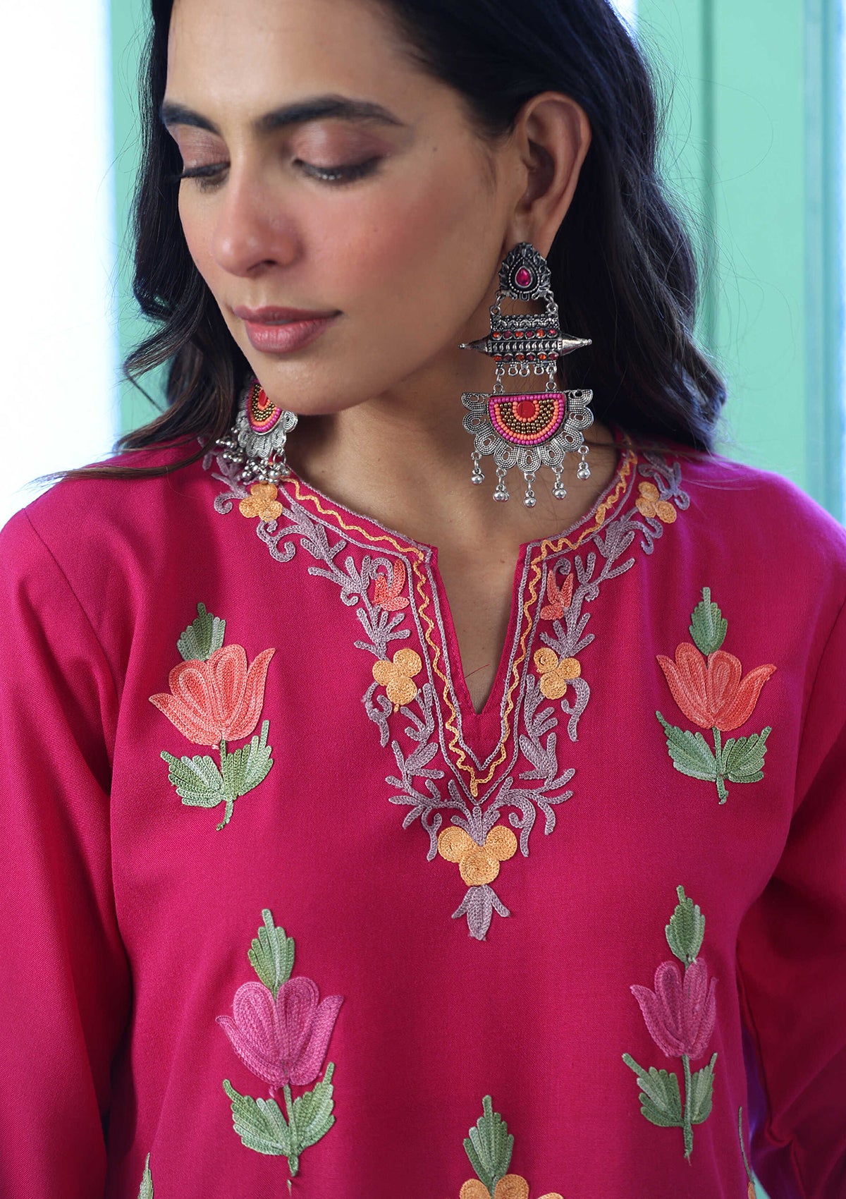 HOC Aari Embroidered Cotton Solid Women's Long Kurta - Pink - Image 2