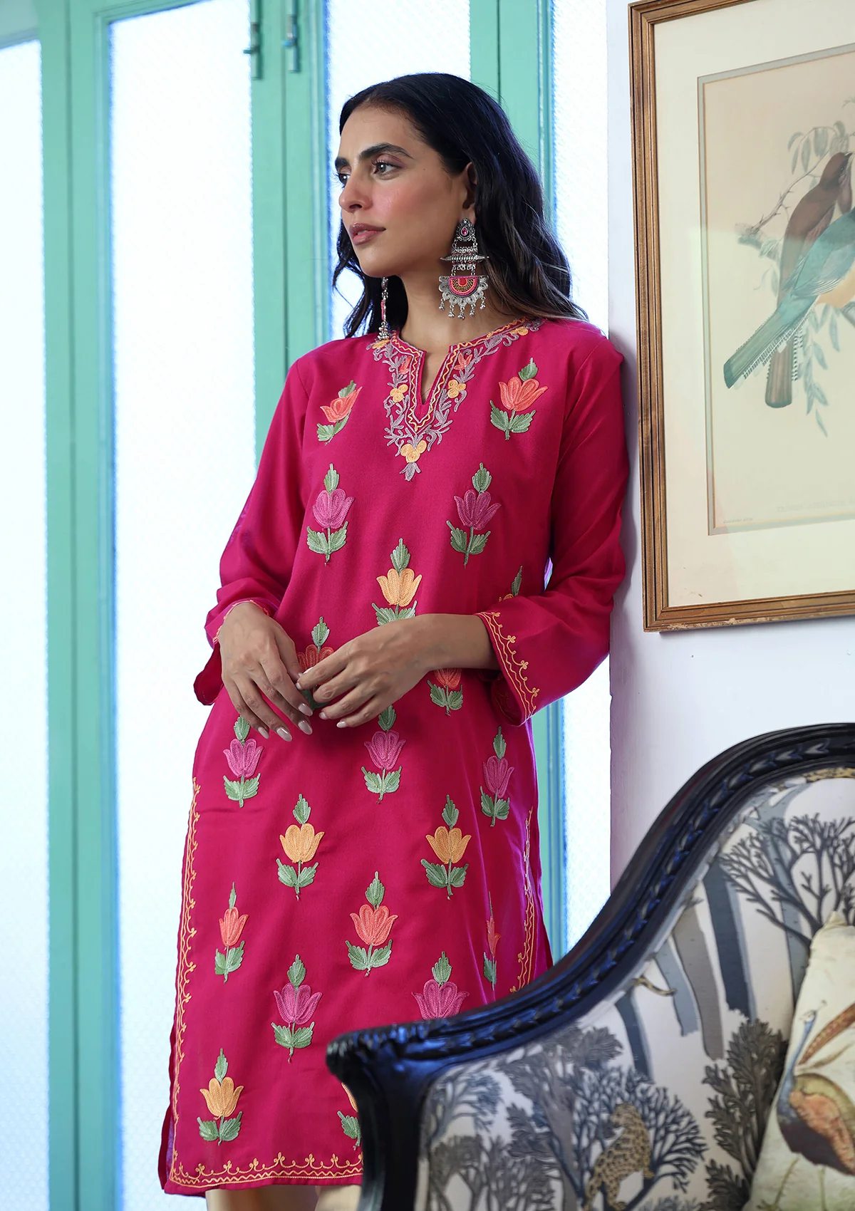 HOC Aari Embroidered Cotton Solid Women's Long Kurta - Pink - Image 3