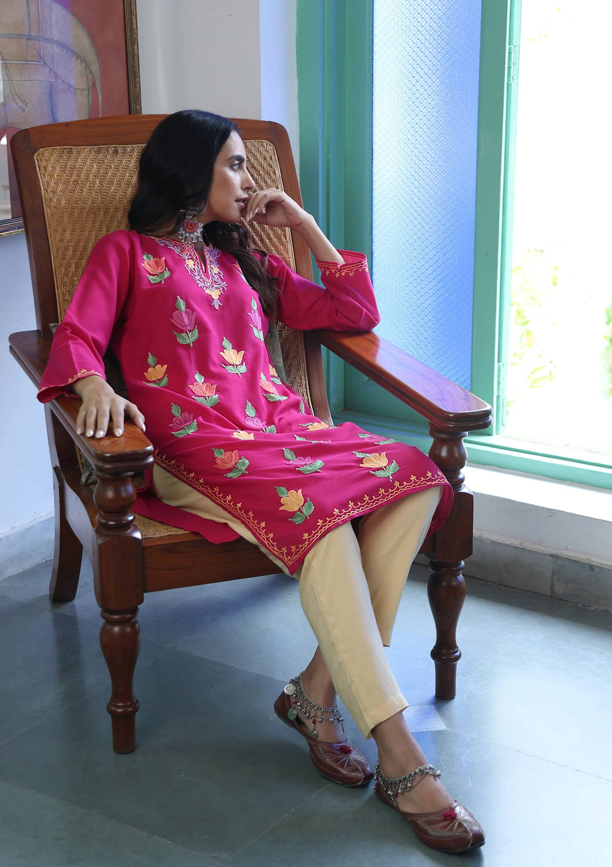 HOC Aari Embroidered Cotton Solid Women's Long Kurta - Pink - Image 6